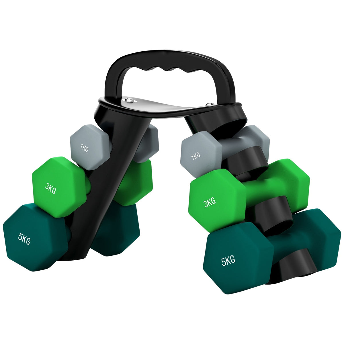 Dumbbell set 6 dumbbells with folding dumbbell stand, 2 x 1kg, 2 x 3kg, 2 x 5kg dumbbells, kettlebell for fitness, gymnastics, home