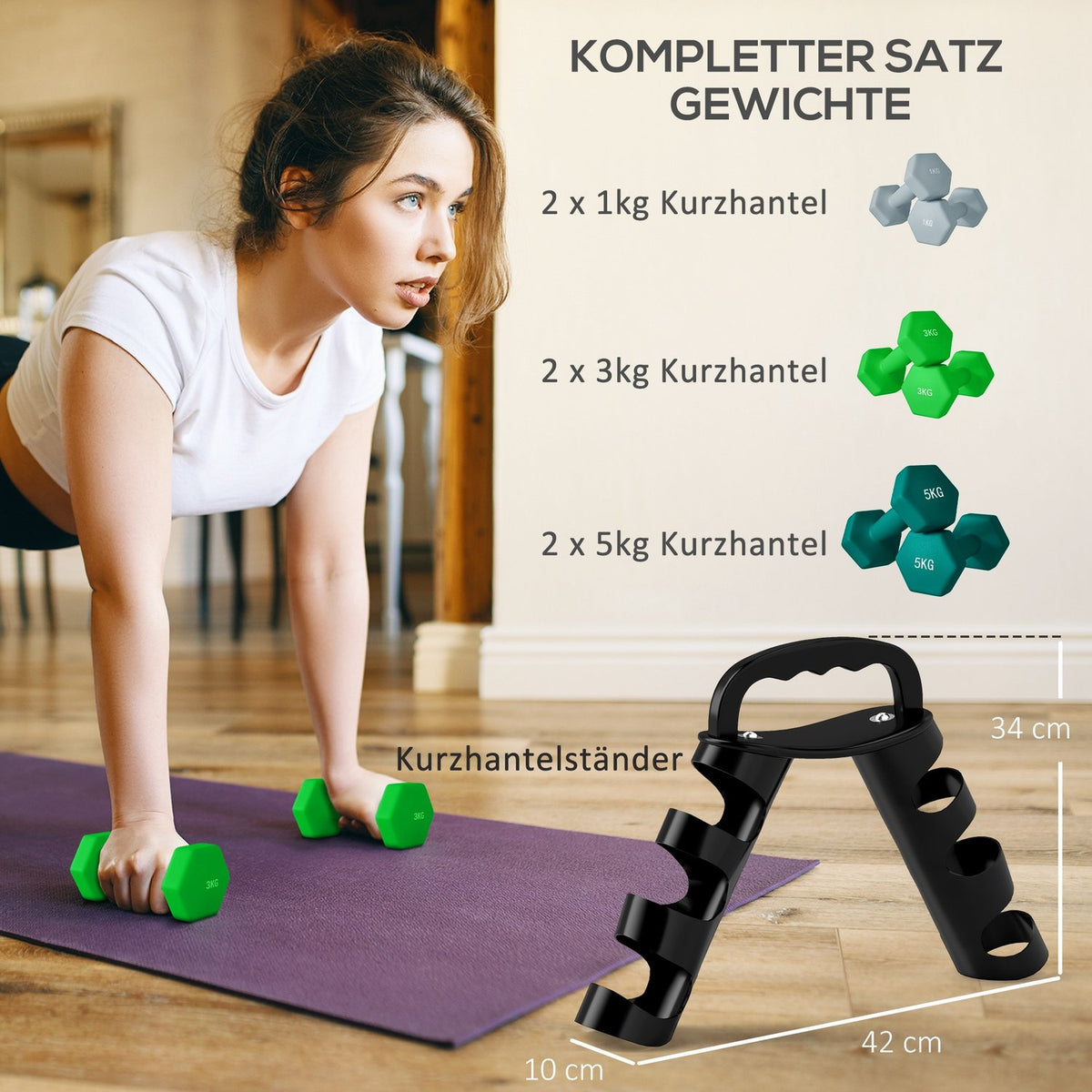Dumbbell set 6 dumbbells with folding dumbbell stand, 2 x 1kg, 2 x 3kg, 2 x 5kg dumbbells, kettlebell for fitness, gymnastics, home
