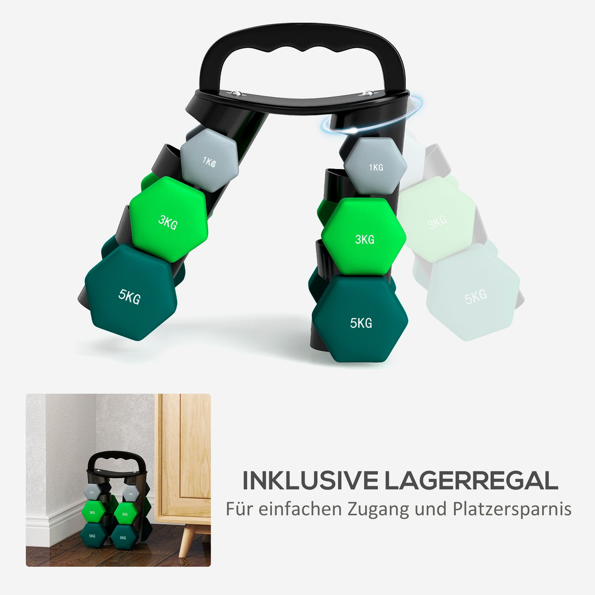 Dumbbell set 6 dumbbells with folding dumbbell stand, 2 x 1kg, 2 x 3kg, 2 x 5kg dumbbells, kettlebell for fitness, gymnastics, home