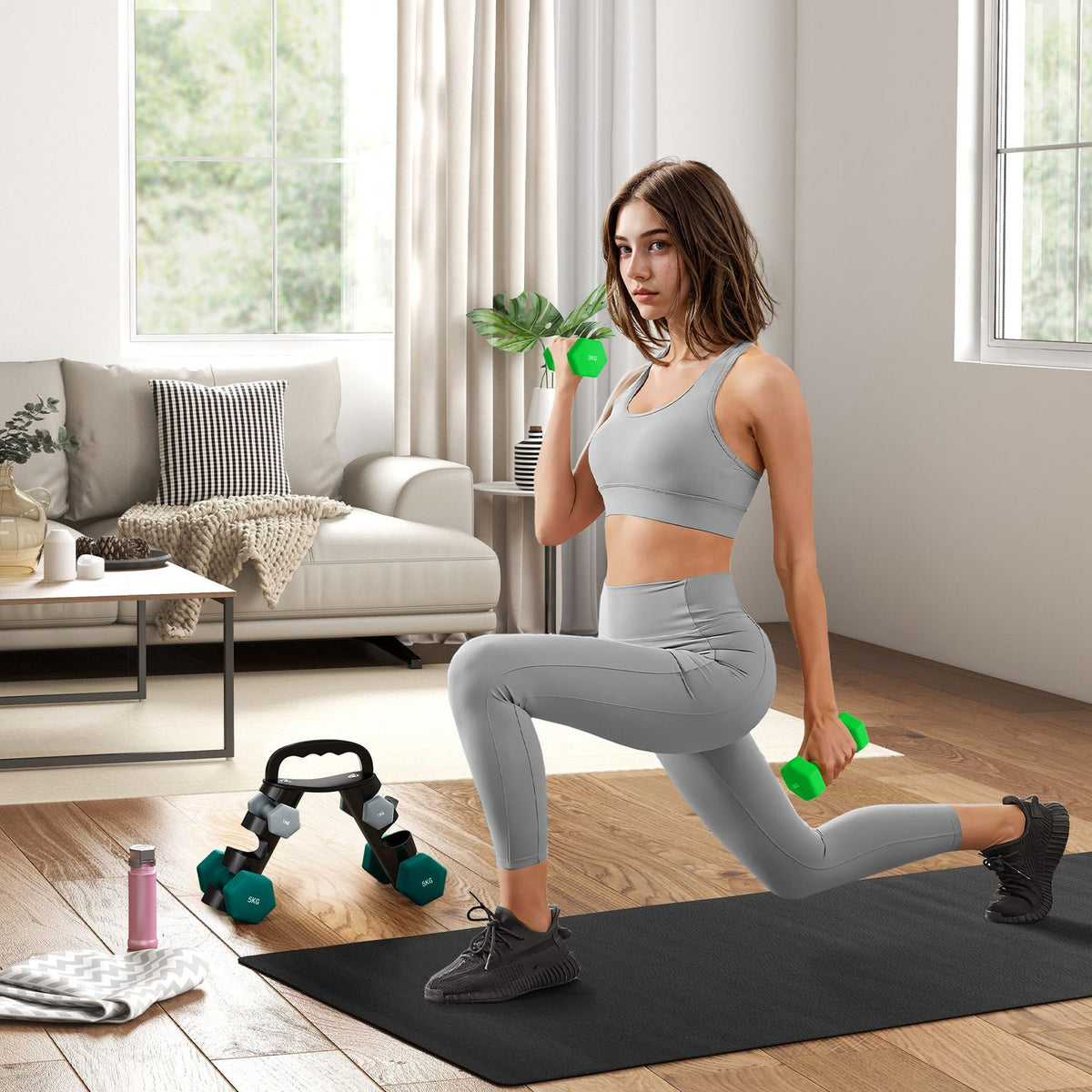 Dumbbell set 6 dumbbells with folding dumbbell stand, 2 x 1kg, 2 x 3kg, 2 x 5kg dumbbells, kettlebell for fitness, gymnastics, home