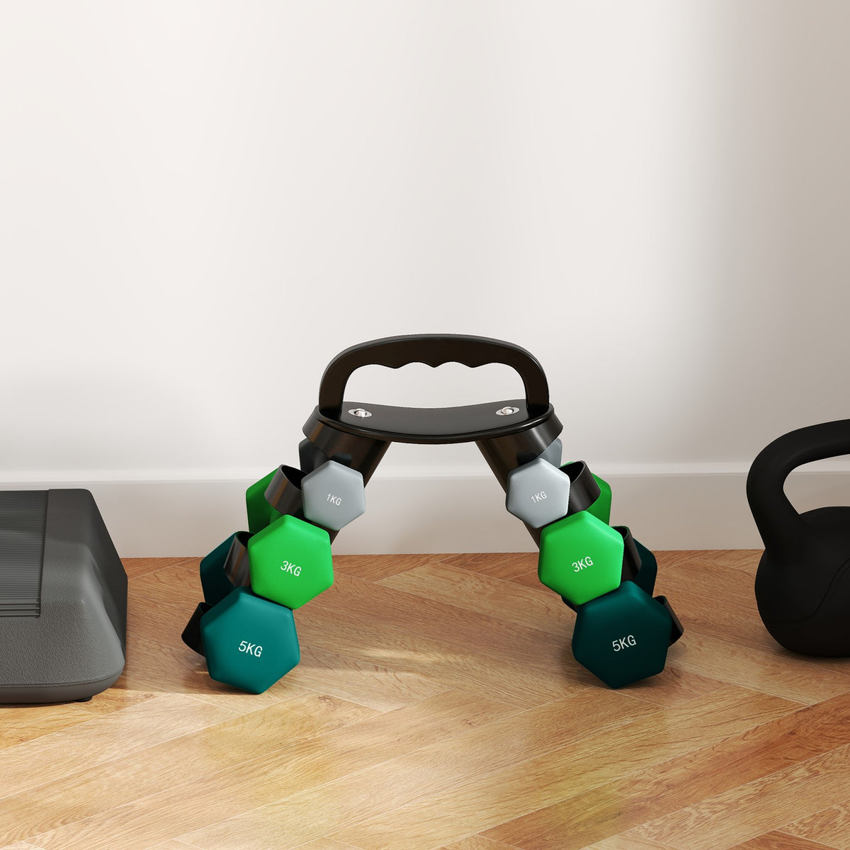 Dumbbell set 6 dumbbells with folding dumbbell stand, 2 x 1kg, 2 x 3kg, 2 x 5kg dumbbells, kettlebell for fitness, gymnastics, home