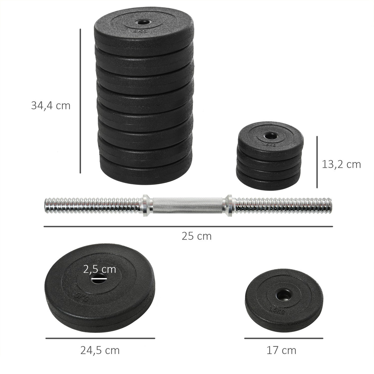 Dumbbell set of 2 dumbbells, 50 kg dumbbell set with 2 dumbbell bars, 12 weights & 4 star locks, steel, black