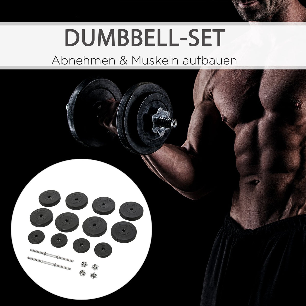 Dumbbell set of 2 dumbbells, 50 kg dumbbell set with 2 dumbbell bars, 12 weights & 4 star locks, steel, black