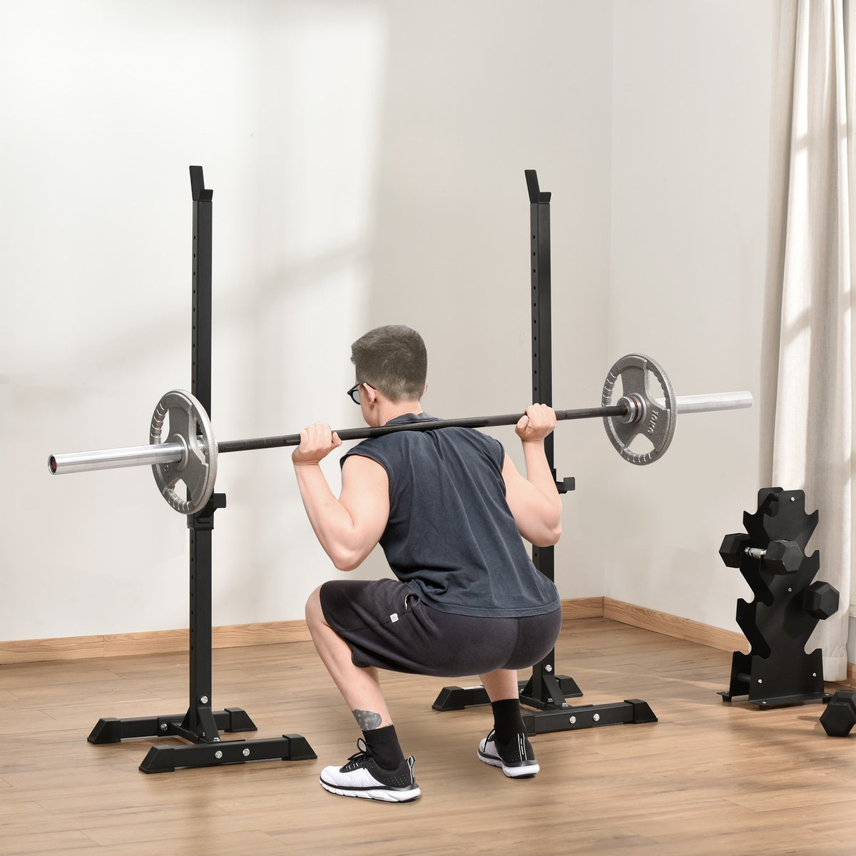 Dumbbell stand, set of 2, barbell rack, height-adjustable dumbbell rack, barbell with rubber foot caps, 105-160 cm, strength training, up to 150 kg, steel
