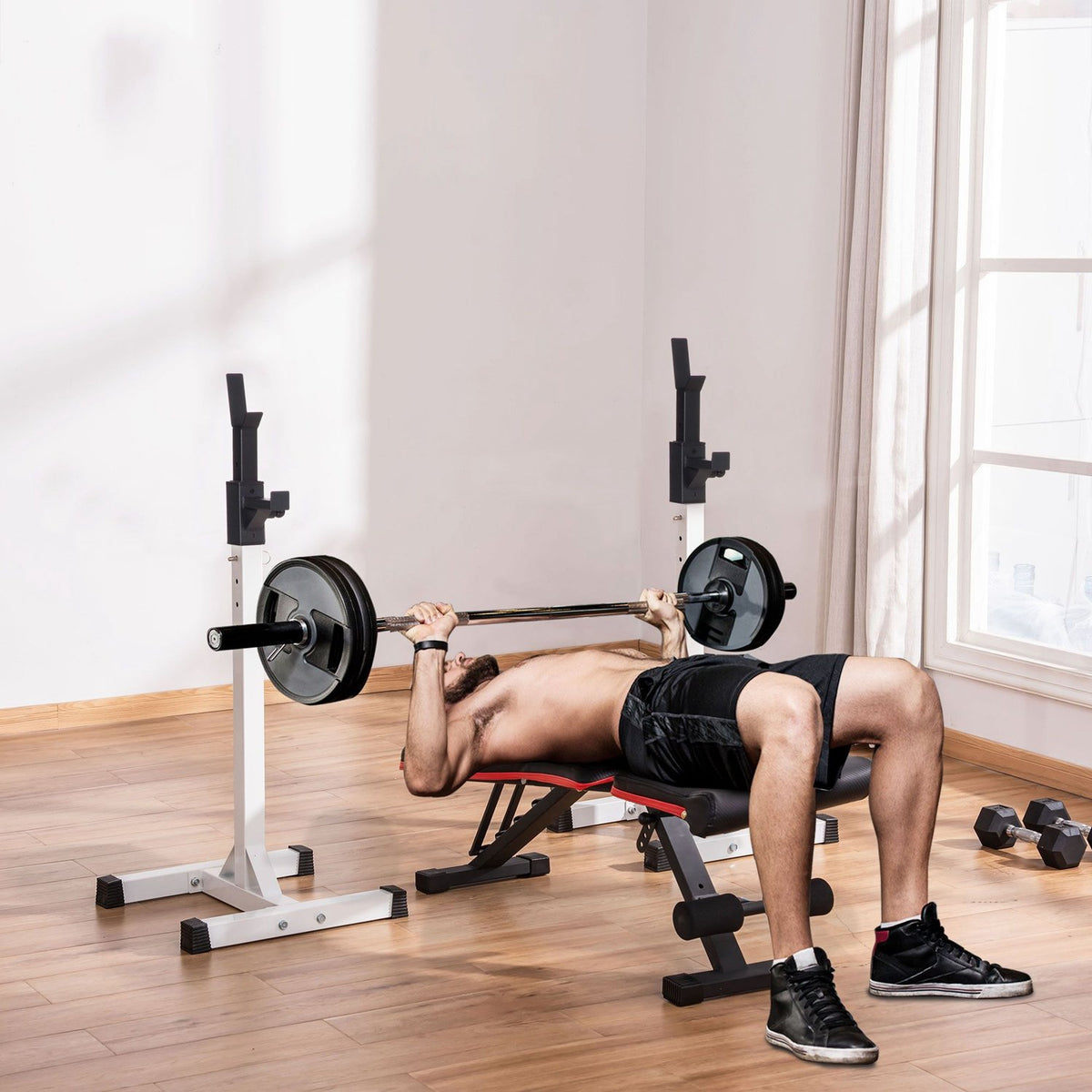 Dumbbell stand, set of 2, barbell rack, height-adjustable dumbbell rack with rubber foot caps, 105-160 cm, strength training, up to 150 kg
