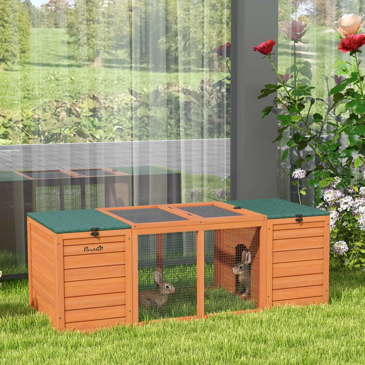 Dwarf Rabbit Hutch Wooden Small Animal House With 2 Hutches & Run, Weatherproof, For Outdoor & Indoor, 140X60X50Cm, Orange