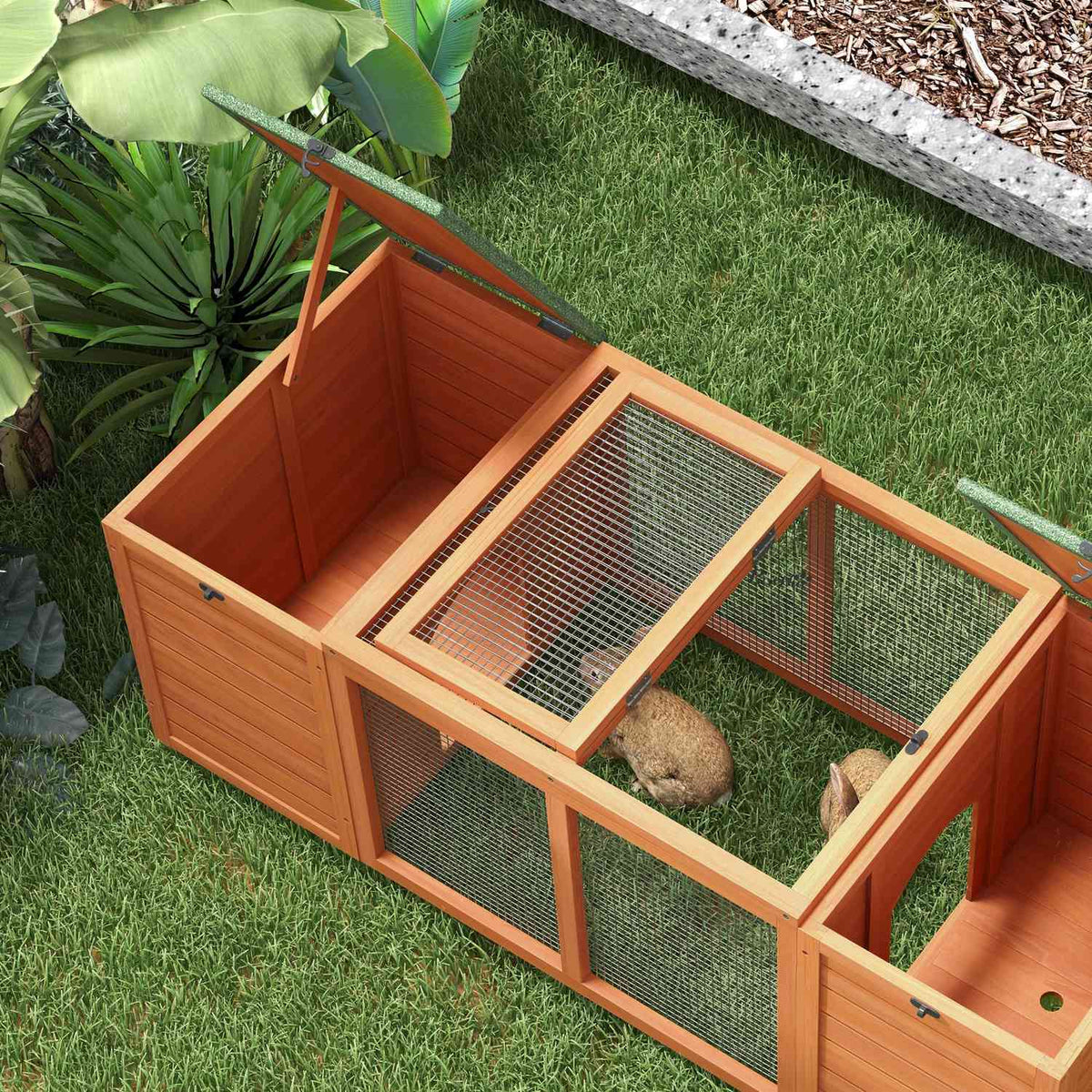 Dwarf Rabbit Hutch Wooden Small Animal House With 2 Hutches & Run, Weatherproof, For Outdoor & Indoor, 140X60X50Cm, Orange