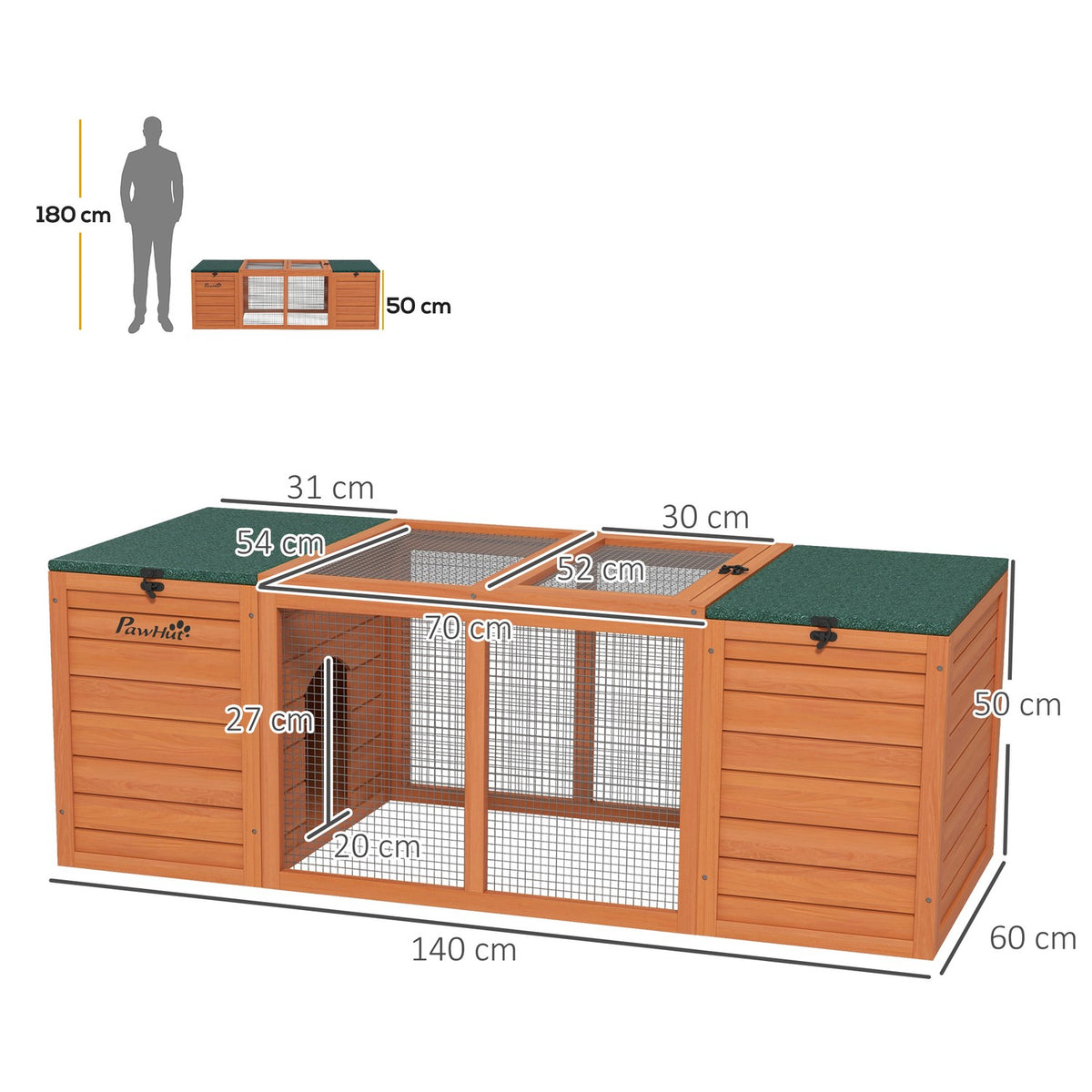 Dwarf Rabbit Hutch Wooden Small Animal House With 2 Hutches & Run, Weatherproof, For Outdoor & Indoor, 140X60X50Cm, Orange