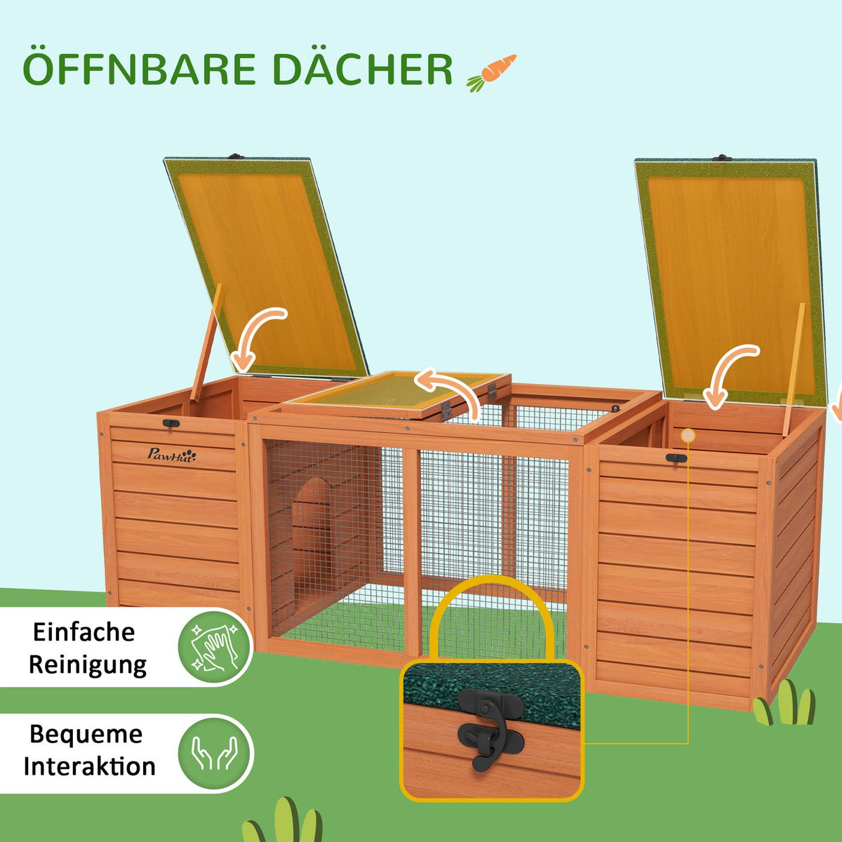 Dwarf Rabbit Hutch Wooden Small Animal House With 2 Hutches & Run, Weatherproof, For Outdoor & Indoor, 140X60X50Cm, Orange