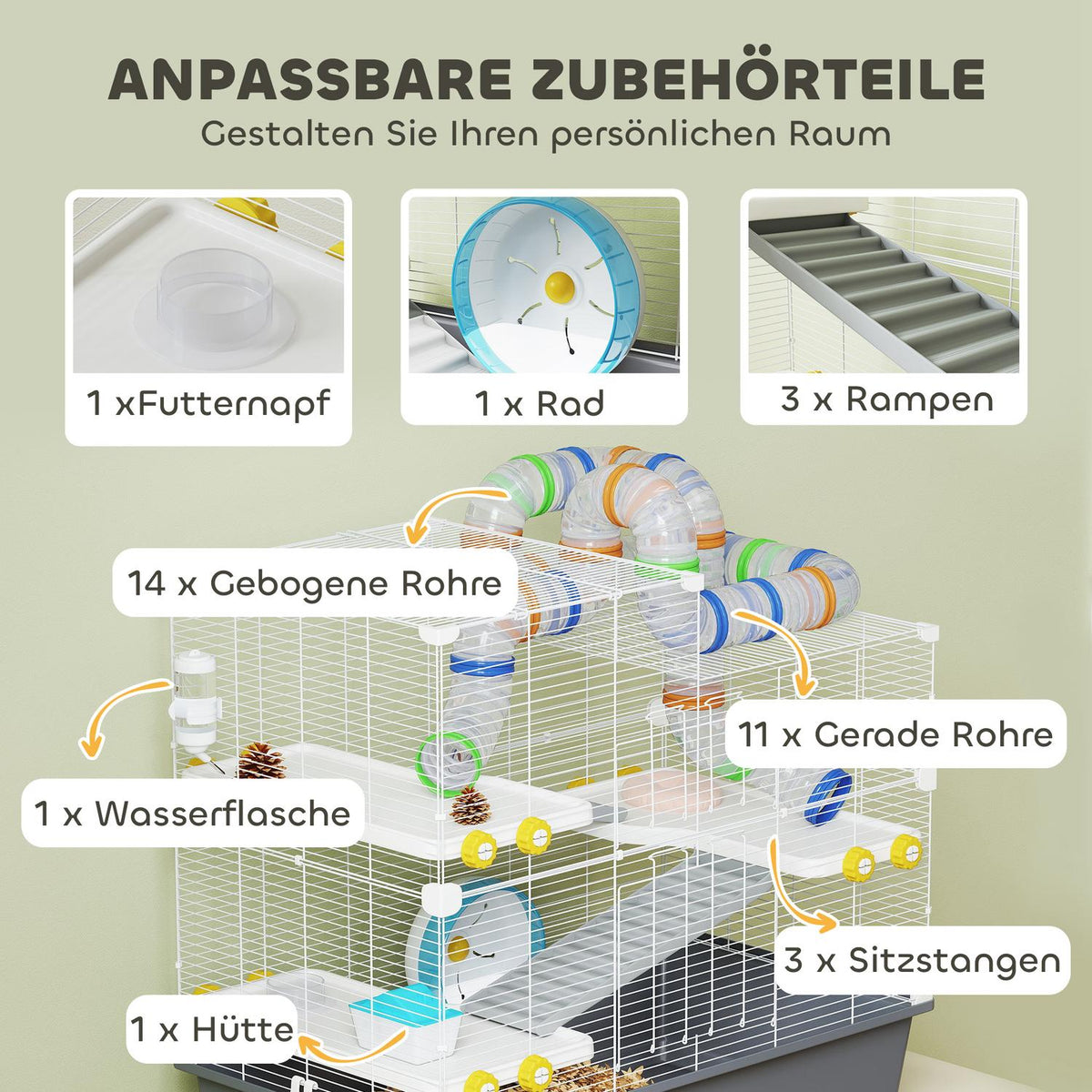 Dwarf hamster cage, 4 levels, tunnel system, hut, accessories, top opening, 78 x 45 x 73 cm, grey