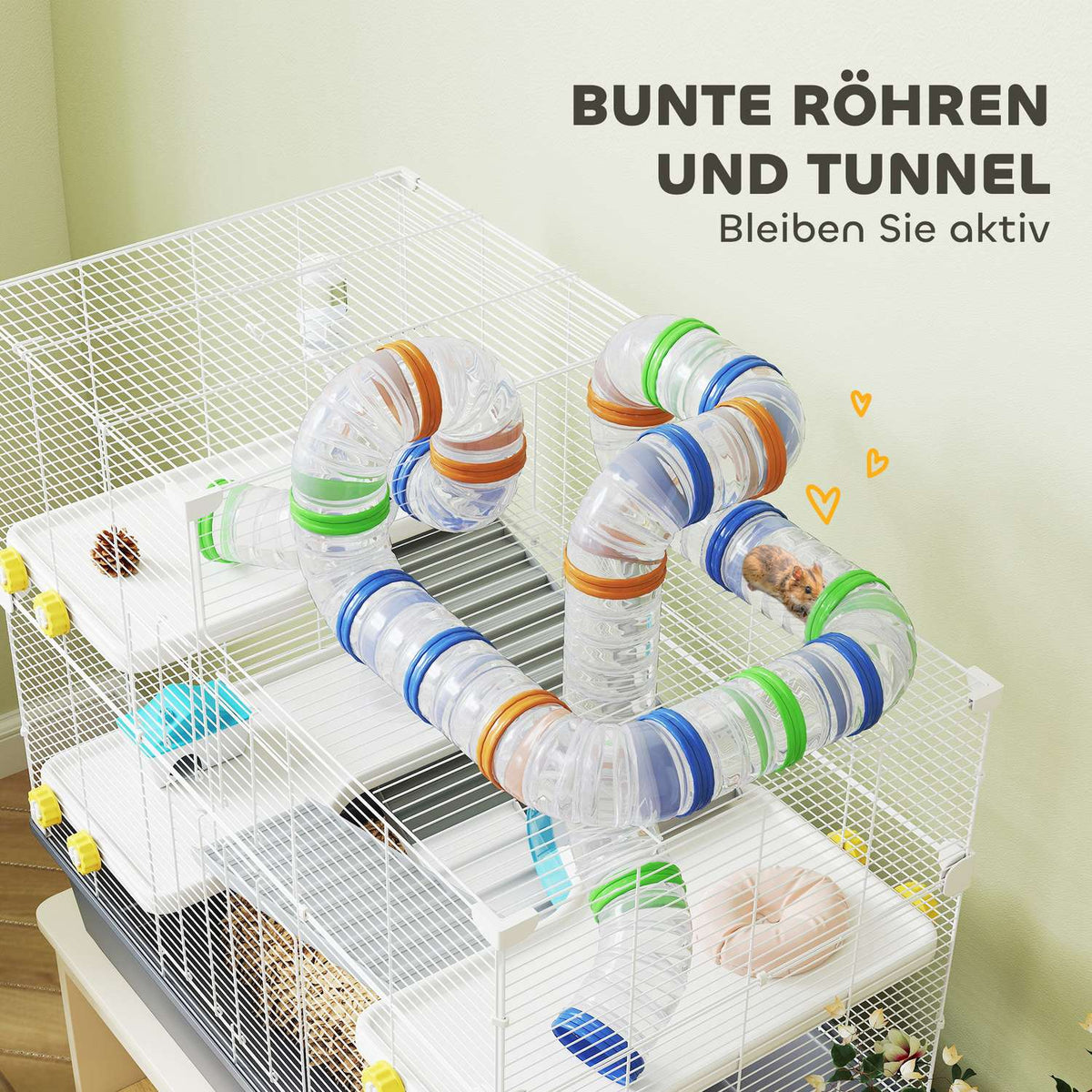 Dwarf hamster cage, 4 levels, tunnel system, hut, accessories, top opening, 78 x 45 x 73 cm, grey