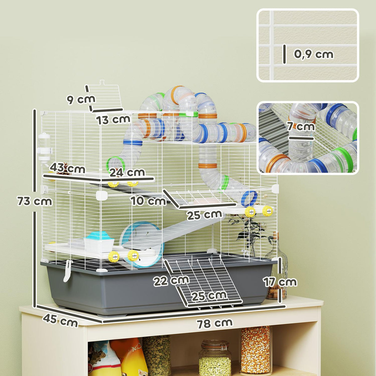Dwarf hamster cage, 4 levels, tunnel system, hut, accessories, top opening, 78 x 45 x 73 cm, grey