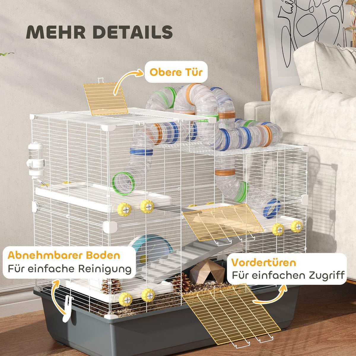 Dwarf hamster cage, 4 levels, tunnel system, hut, accessories, top opening, 78 x 45 x 73 cm, grey