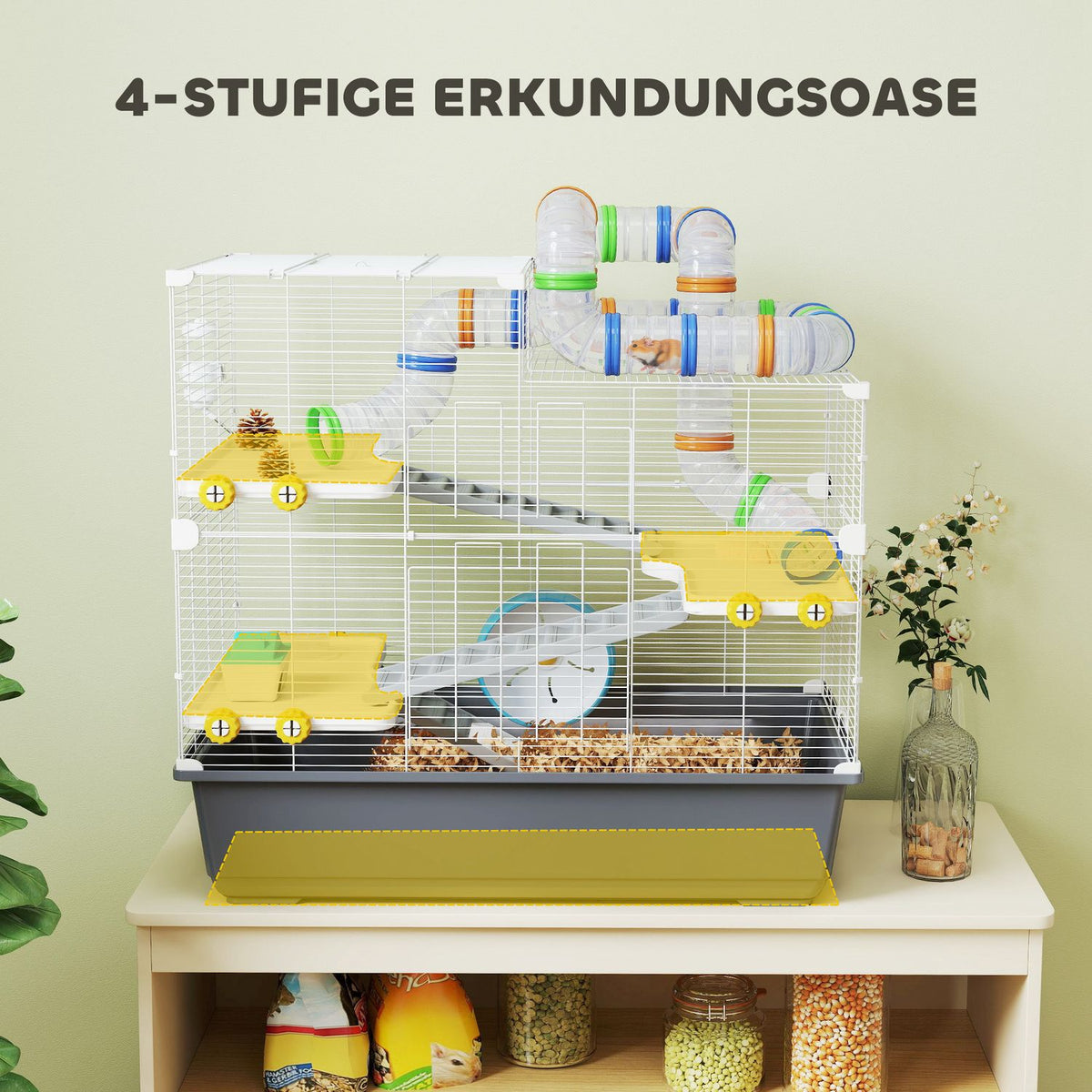 Dwarf hamster cage, 4 levels, tunnel system, hut, accessories, top opening, 78 x 45 x 73 cm, grey