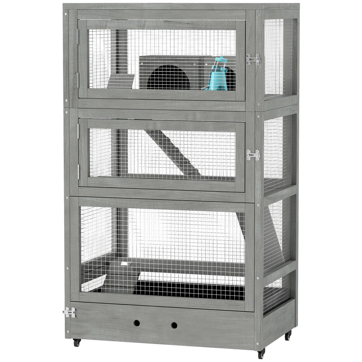 Dwarf hamster cage made of wood, 65 x 45 x 109 cm rodent cage with huts, rocker, pallet, food bowls, 4-tier small animal cage with lock, ramps, wheels, gray