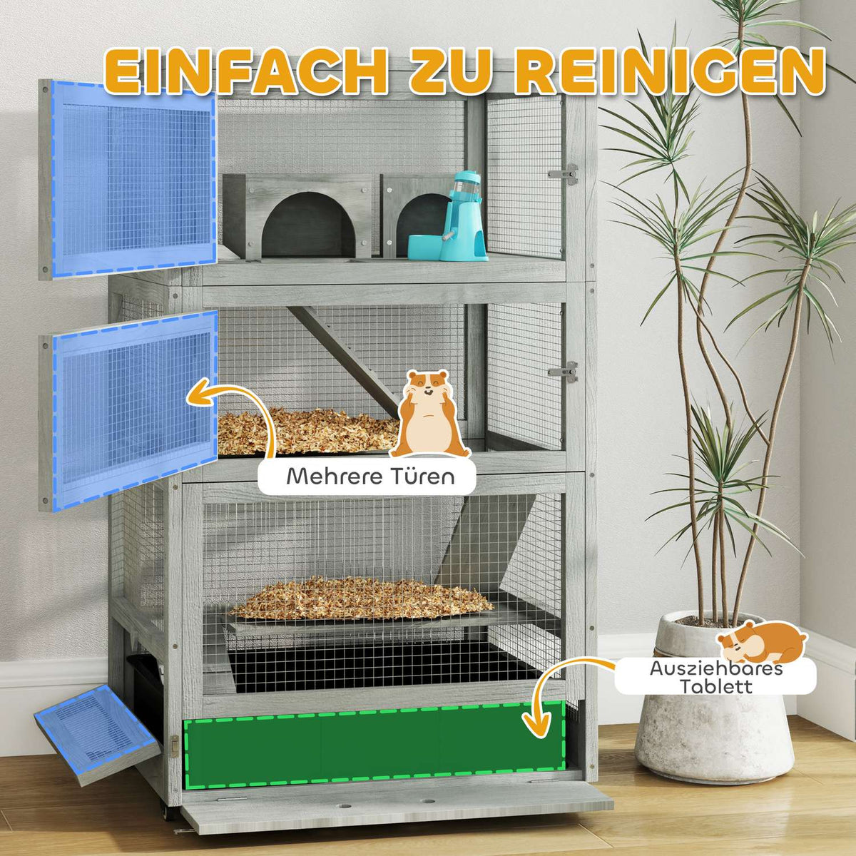 Dwarf hamster cage made of wood, 65 x 45 x 109 cm rodent cage with huts, rocker, pallet, food bowls, 4-tier small animal cage with lock, ramps, wheels, gray