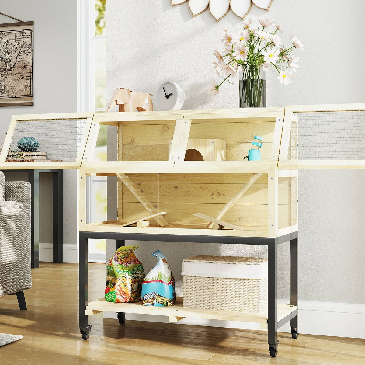 Dwarf hamster cage made of wood, 87 x 43 x 101 cm rodent cage with shelf, water bottle, hut, seesaw, small animal cage with wheels, ramps, natural wood
