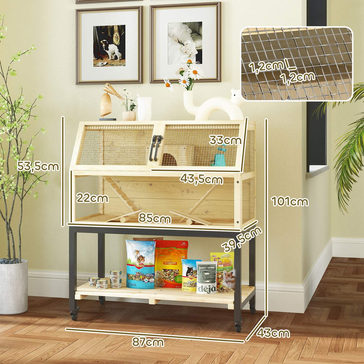 Dwarf hamster cage made of wood, 87 x 43 x 101 cm rodent cage with shelf, water bottle, hut, seesaw, small animal cage with wheels, ramps, natural wood