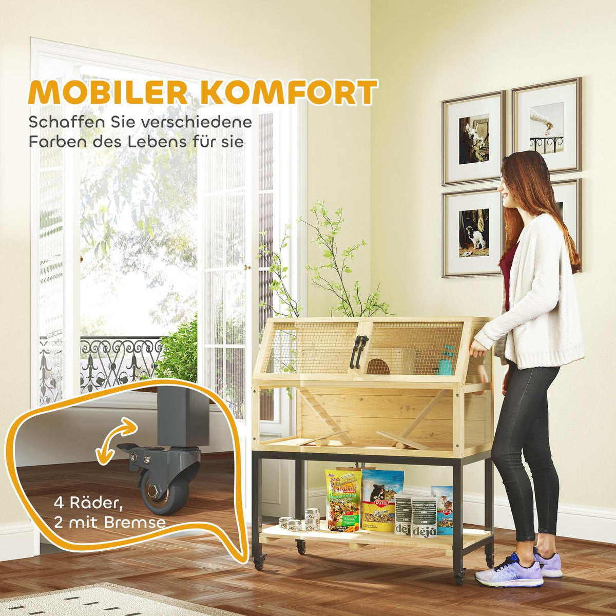 Dwarf hamster cage made of wood, 87 x 43 x 101 cm rodent cage with shelf, water bottle, hut, seesaw, small animal cage with wheels, ramps, natural wood
