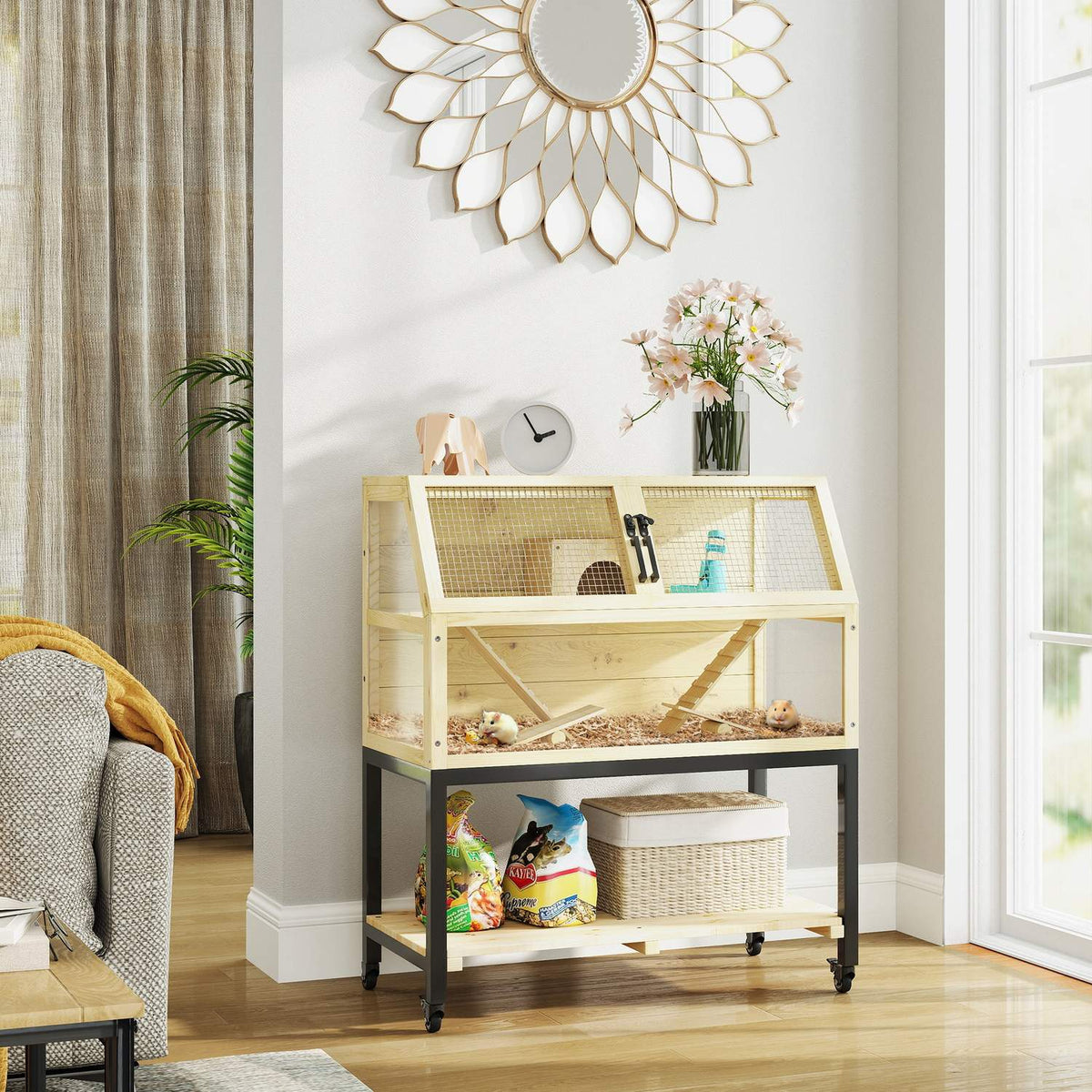 Dwarf hamster cage made of wood, 87 x 43 x 101 cm rodent cage with shelf, water bottle, hut, seesaw, small animal cage with wheels, ramps, natural wood