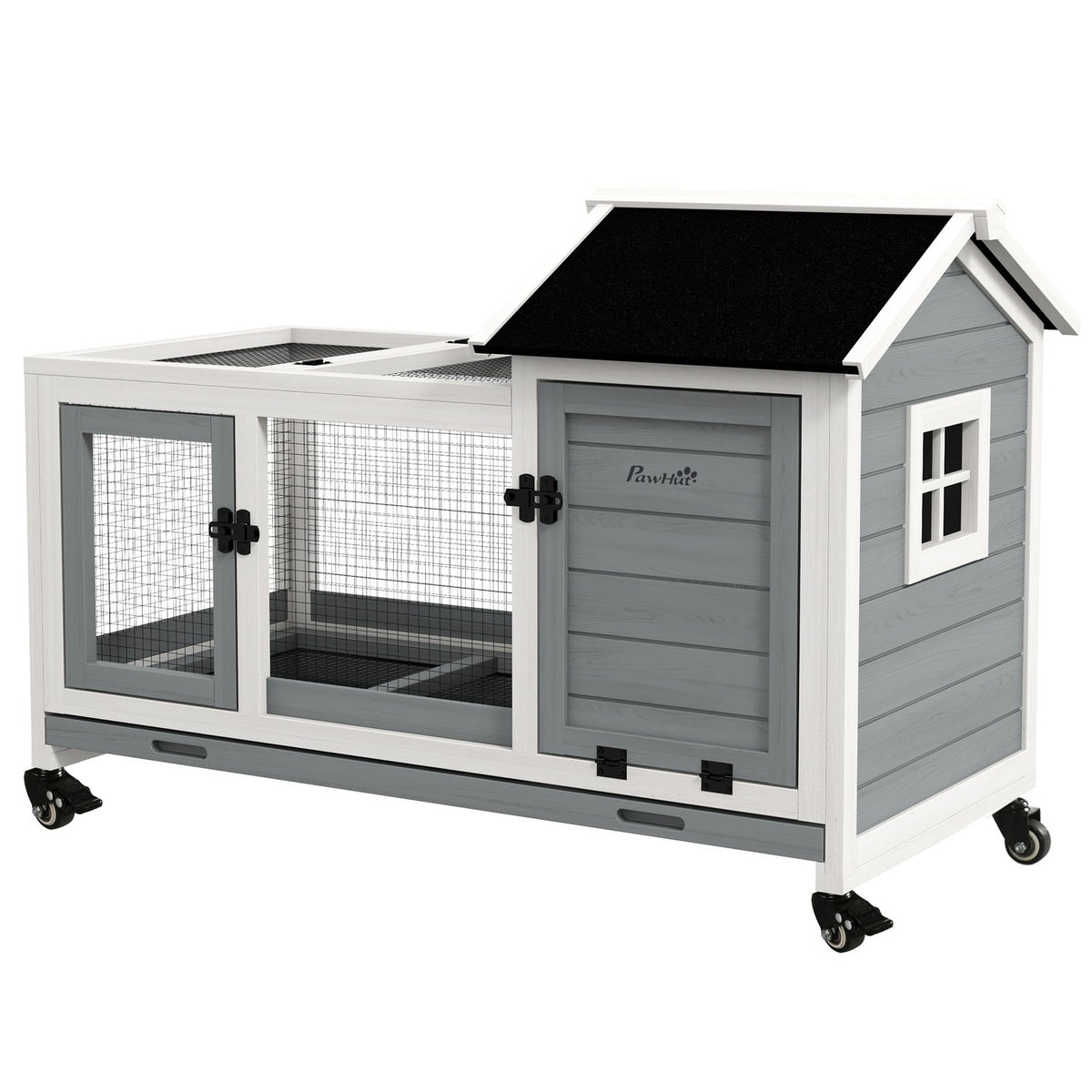 Dwarf rabbit hutch made of wood, 108 x 58 x 73.5 cm small animal hutch with free-range enclosure, wheels, folding roof, dwarf rabbit cage with extendable tray for indoor, outdoor, gray |