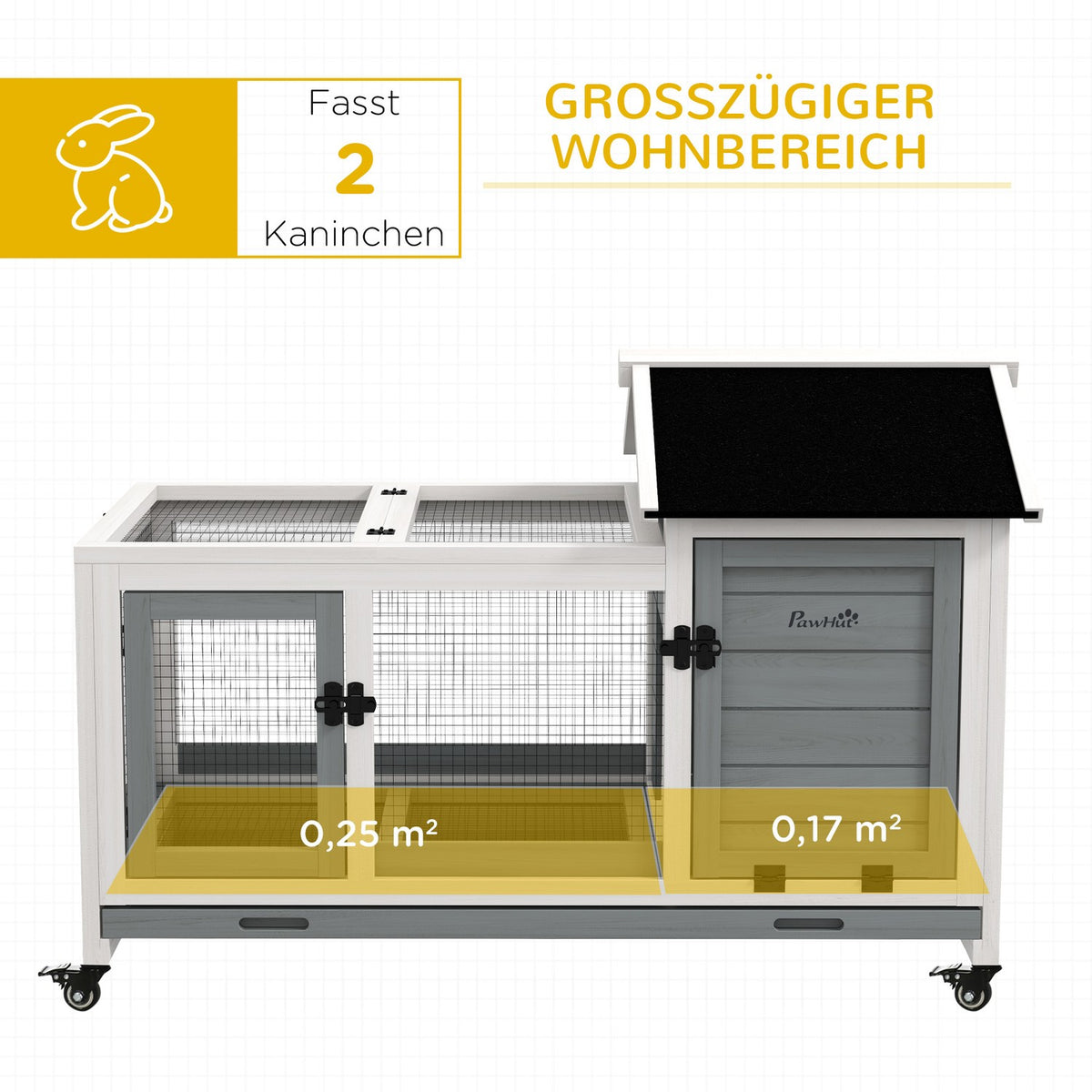 Dwarf rabbit hutch made of wood, 108 x 58 x 73.5 cm small animal hutch with free-range enclosure, wheels, folding roof, dwarf rabbit cage with extendable tray for indoor, outdoor, gray |
