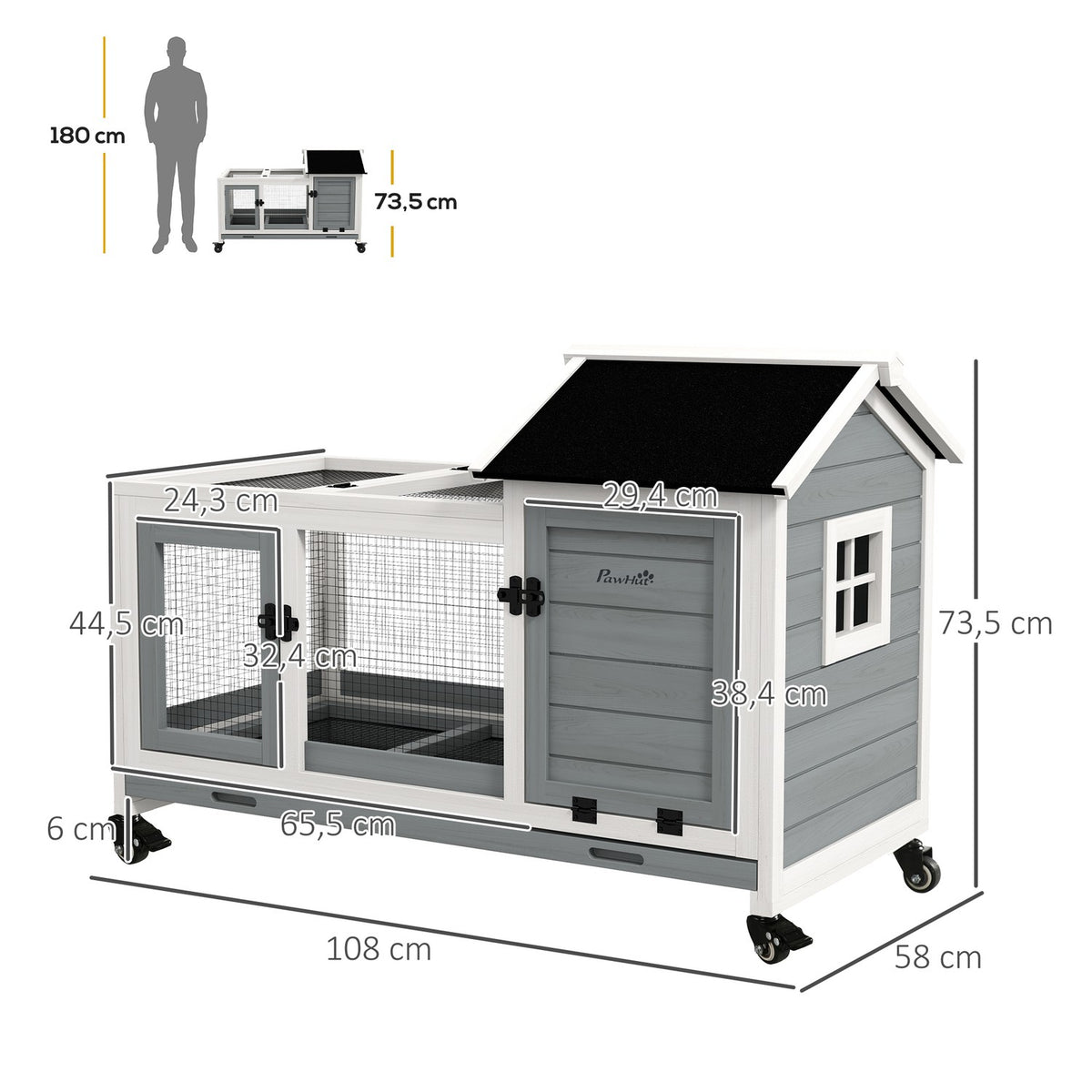 Dwarf rabbit hutch made of wood, 108 x 58 x 73.5 cm small animal hutch with free-range enclosure, wheels, folding roof, dwarf rabbit cage with extendable tray for indoor, outdoor, gray |