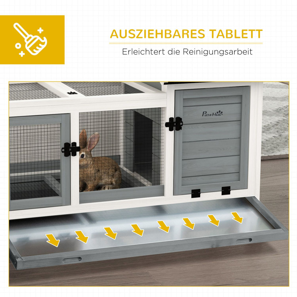 Dwarf rabbit hutch made of wood, 108 x 58 x 73.5 cm small animal hutch with free-range enclosure, wheels, folding roof, dwarf rabbit cage with extendable tray for indoor, outdoor, gray |