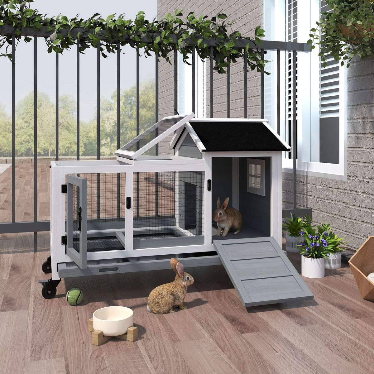 Dwarf rabbit hutch made of wood, 108 x 58 x 73.5 cm small animal hutch with free-range enclosure, wheels, folding roof, dwarf rabbit cage with extendable tray for indoor, outdoor, gray |
