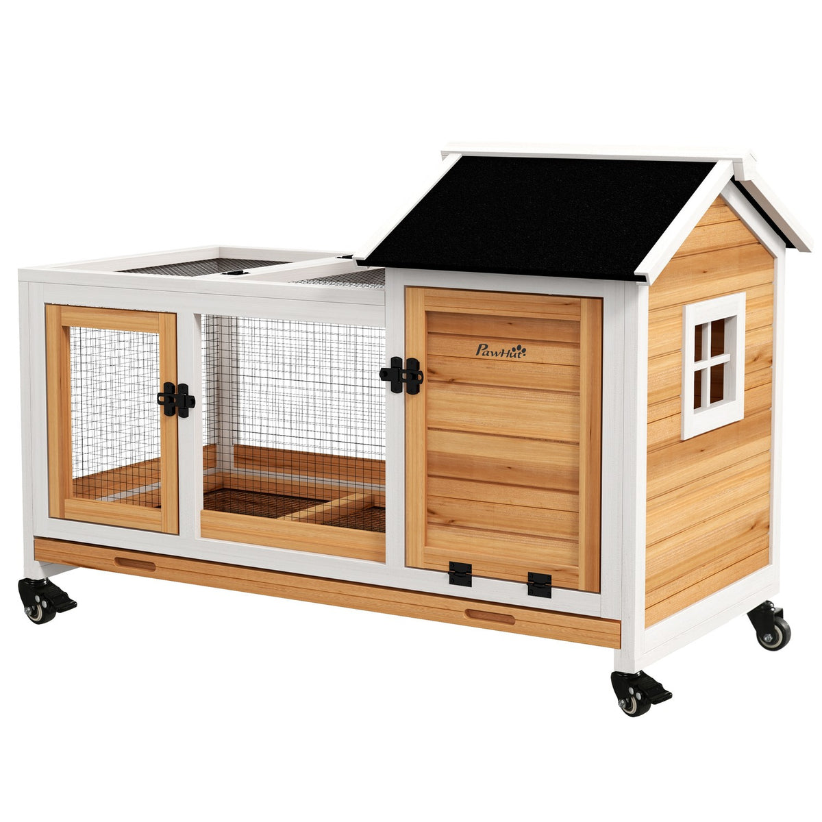 Dwarf rabbit hutch made of wood, 108 x 58 x 73.5 cm small animal hutch with free-range enclosure, wheels, folding roof, dwarf rabbit cage with pull-out tray for indoor, outdoor, yellow