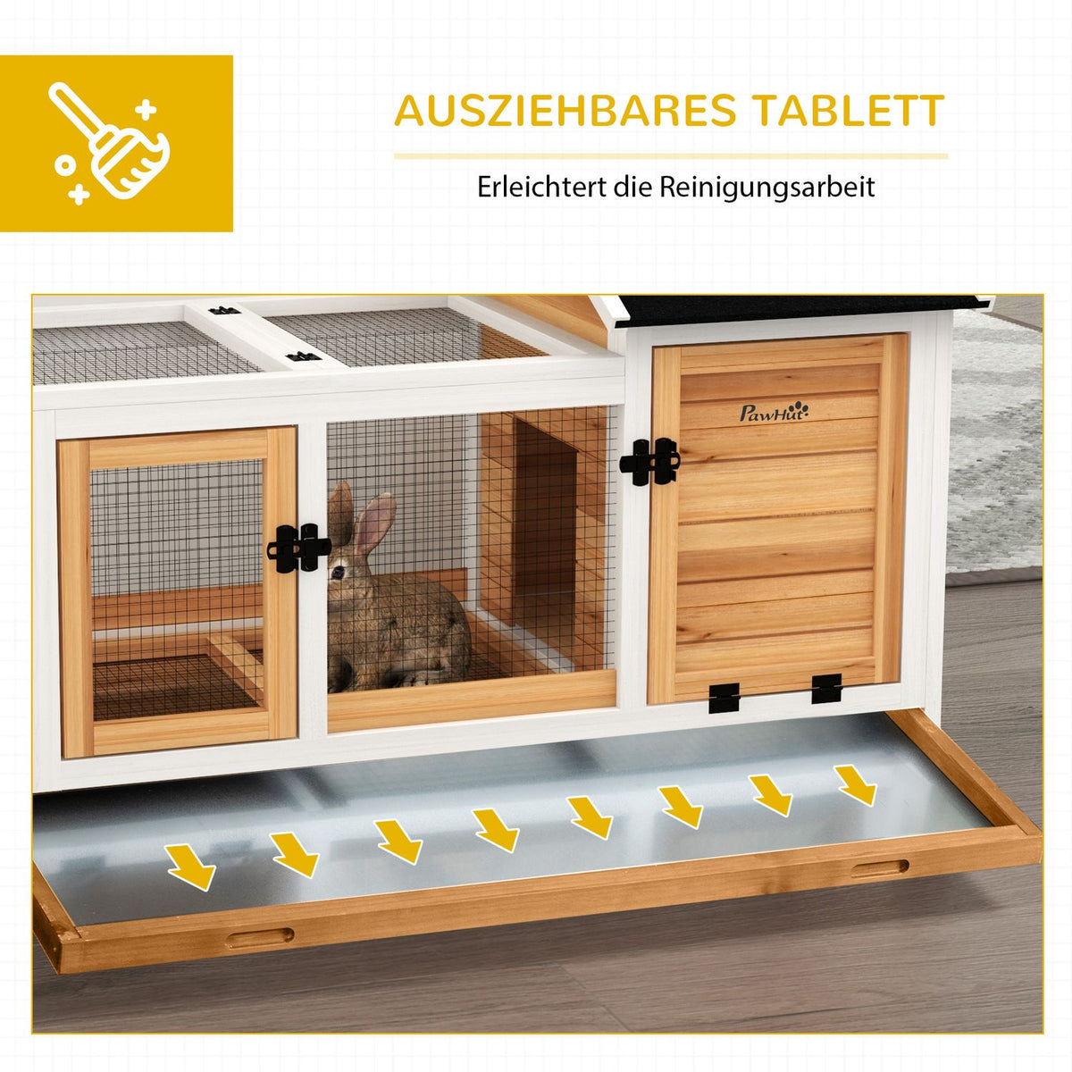 Dwarf rabbit hutch made of wood, 108 x 58 x 73.5 cm small animal hutch with free-range enclosure, wheels, folding roof, dwarf rabbit cage with pull-out tray for indoor, outdoor, yellow