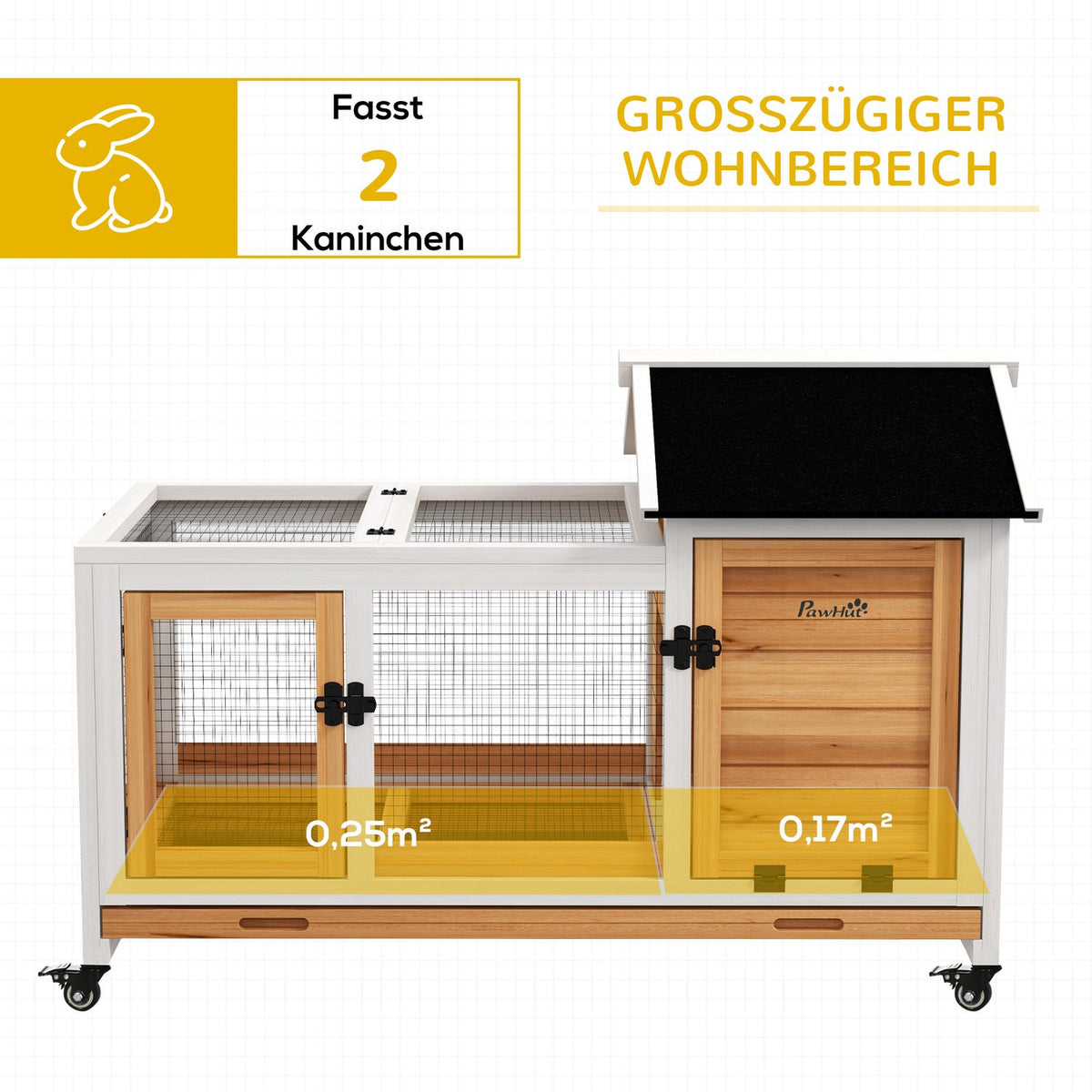 Dwarf rabbit hutch made of wood, 108 x 58 x 73.5 cm small animal hutch with free-range enclosure, wheels, folding roof, dwarf rabbit cage with pull-out tray for indoor, outdoor, yellow