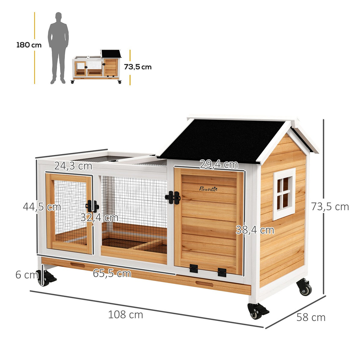 Dwarf rabbit hutch made of wood, 108 x 58 x 73.5 cm small animal hutch with free-range enclosure, wheels, folding roof, dwarf rabbit cage with pull-out tray for indoor, outdoor, yellow
