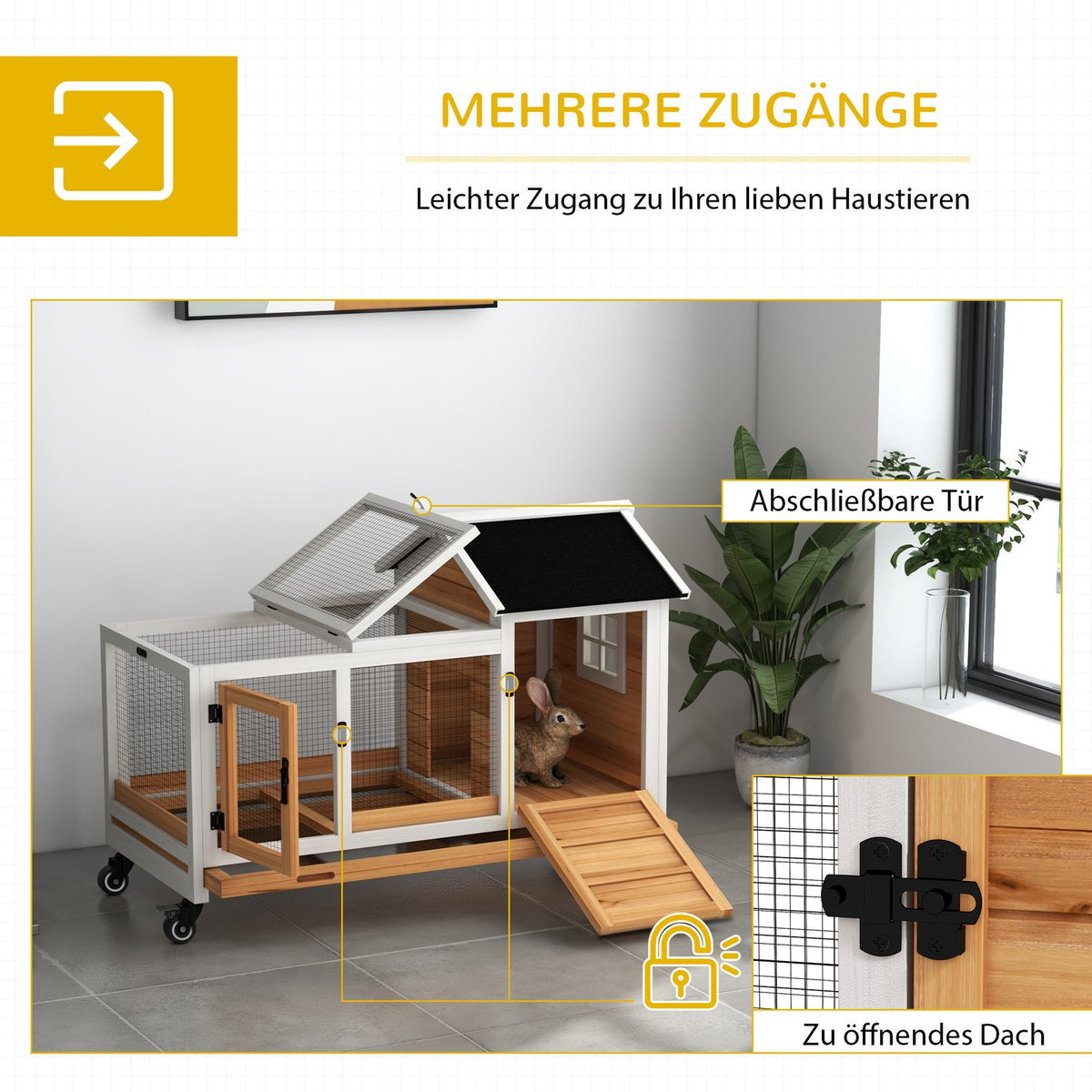 Dwarf rabbit hutch made of wood, 108 x 58 x 73.5 cm small animal hutch with free-range enclosure, wheels, folding roof, dwarf rabbit cage with pull-out tray for indoor, outdoor, yellow