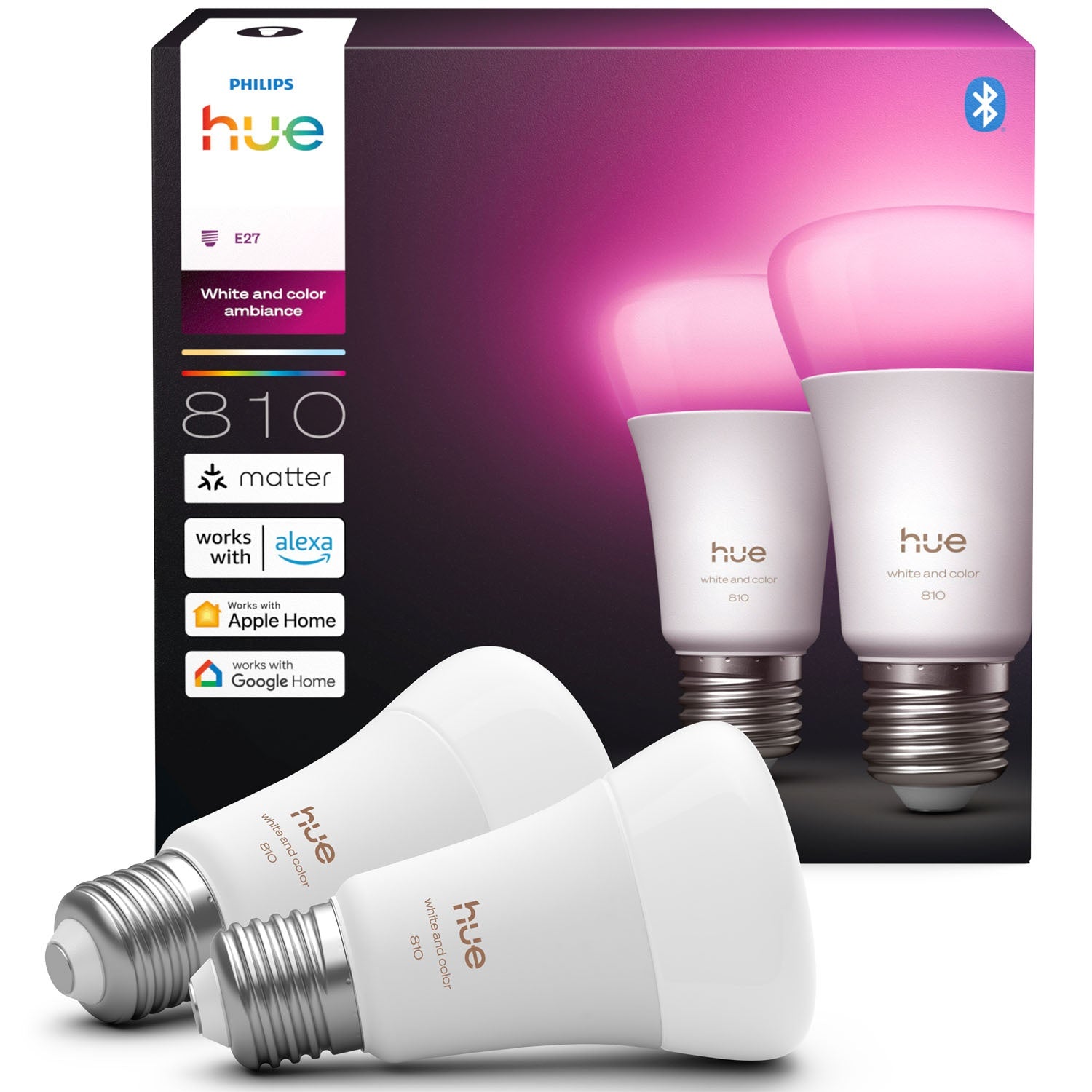 E27 LED Bulbs, White & Color Ambiance, 810lm, 2-Pack