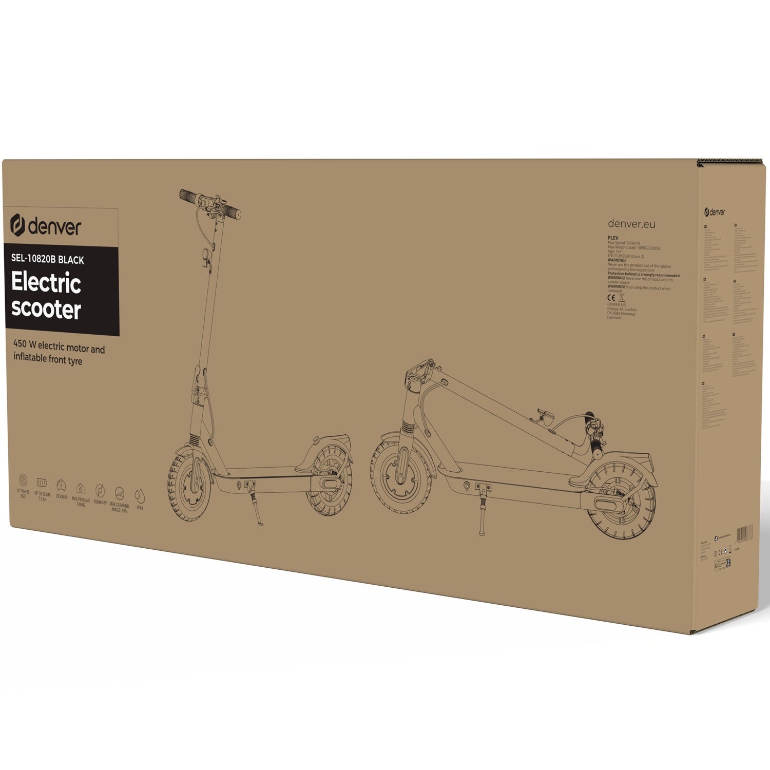 E-Scooter 450W, 20km/h, 10"" Wheels, Foldable, Black