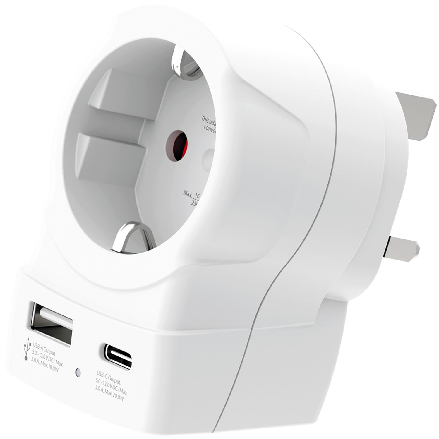 EU to UK Plug Adapter, USB-A/USB-C 20W PD Grounded