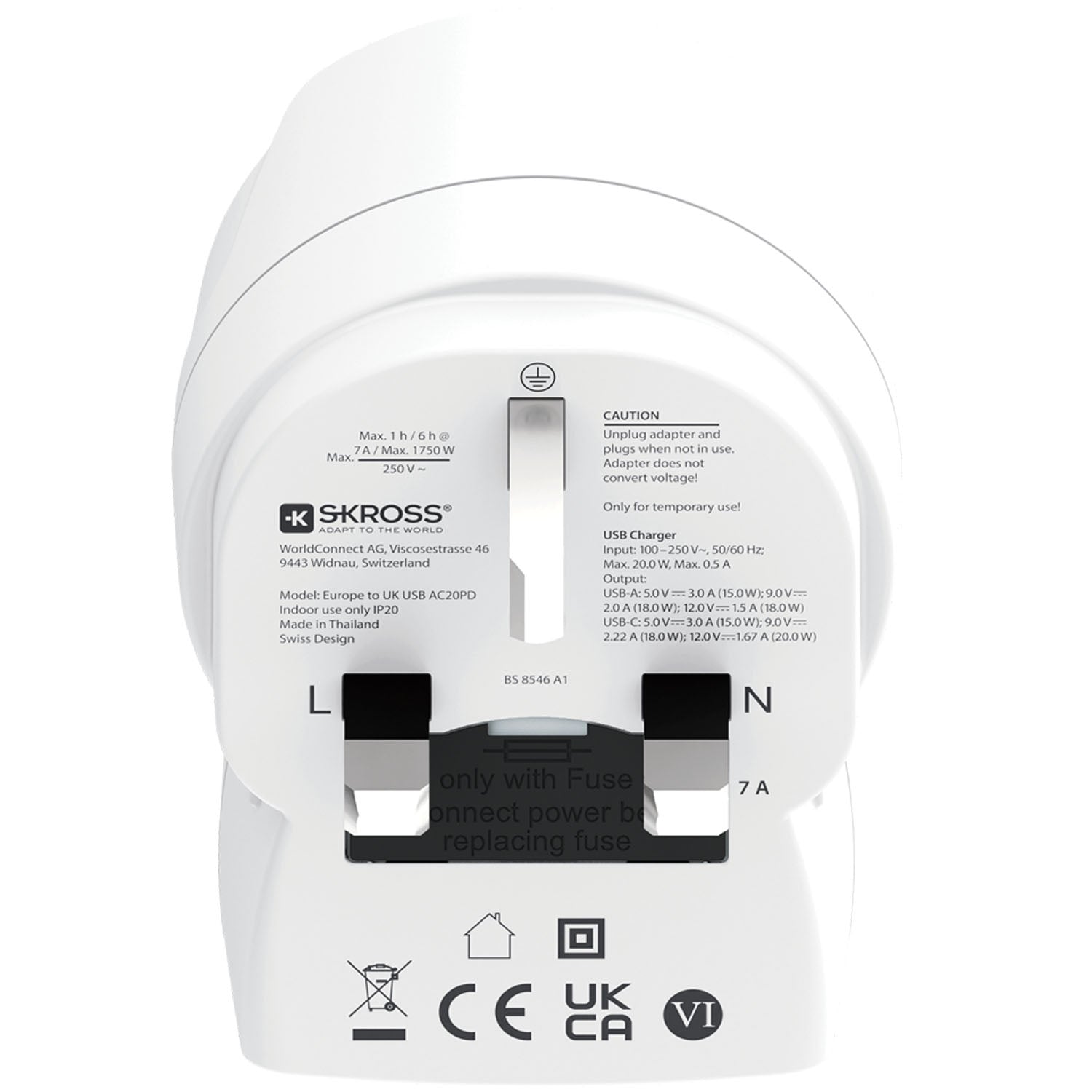 EU to UK Plug Adapter, USB-A/USB-C 20W PD Grounded