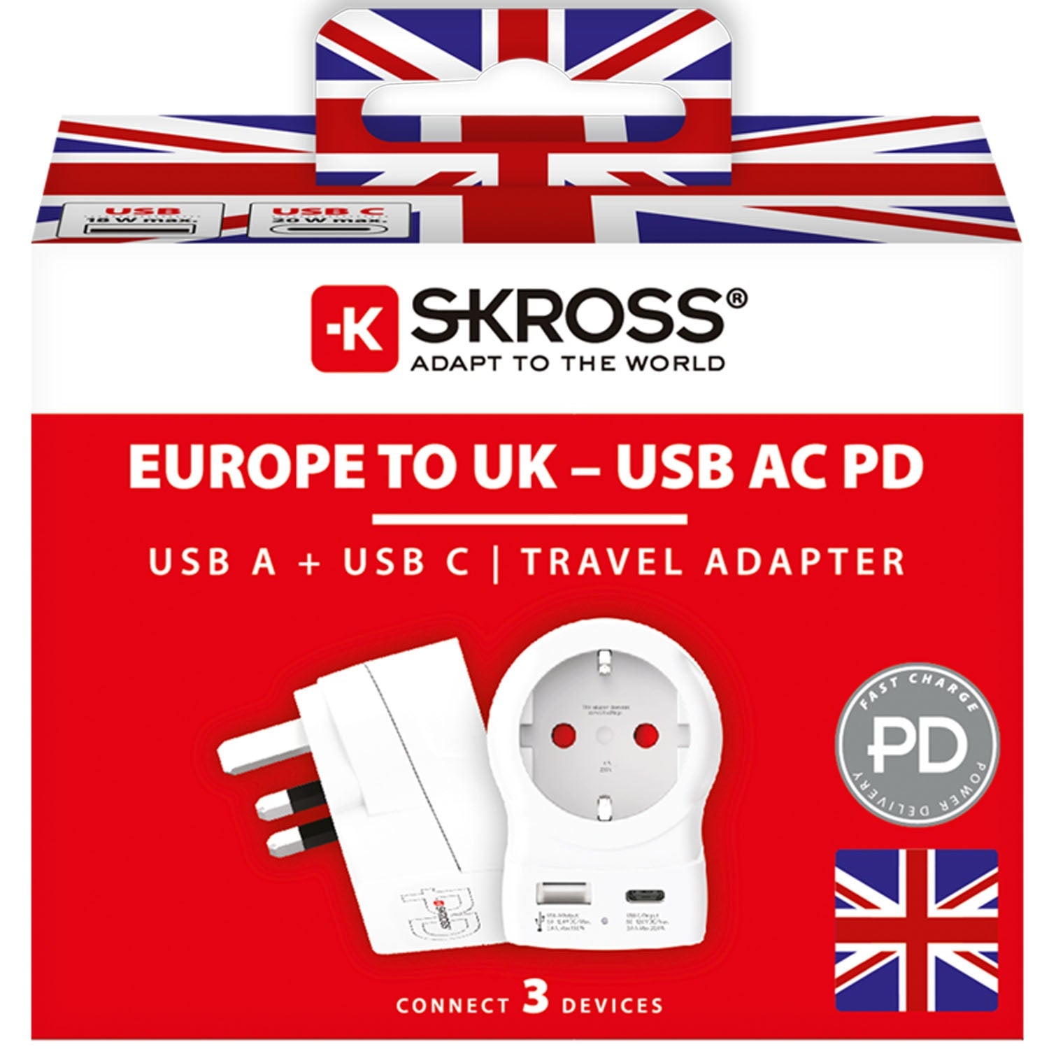 EU to UK Plug Adapter, USB-A/USB-C 20W PD Grounded