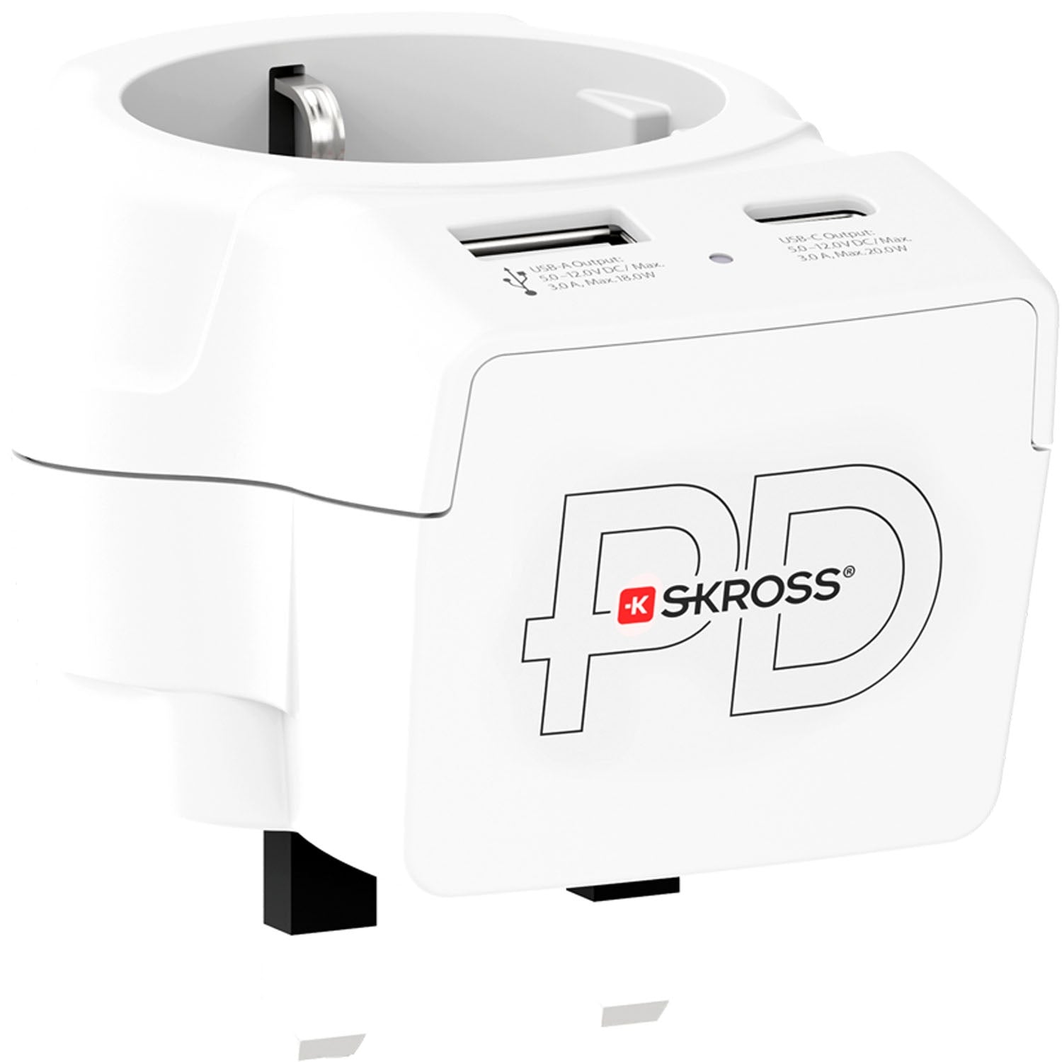 EU to UK Plug Adapter, USB-A/USB-C 20W PD Grounded