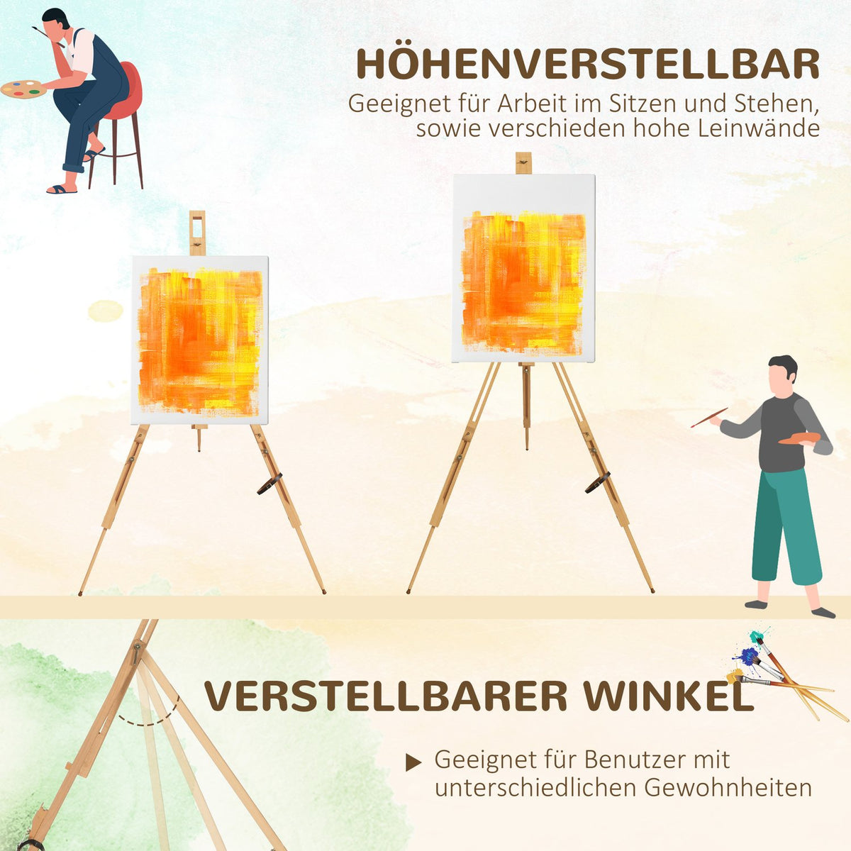 Easel Folding Field Easel, Tripod Easel, Height Adjustable, Portable Studio Easel Made Of Beech Wood For Canvases Up To 107 Cm High