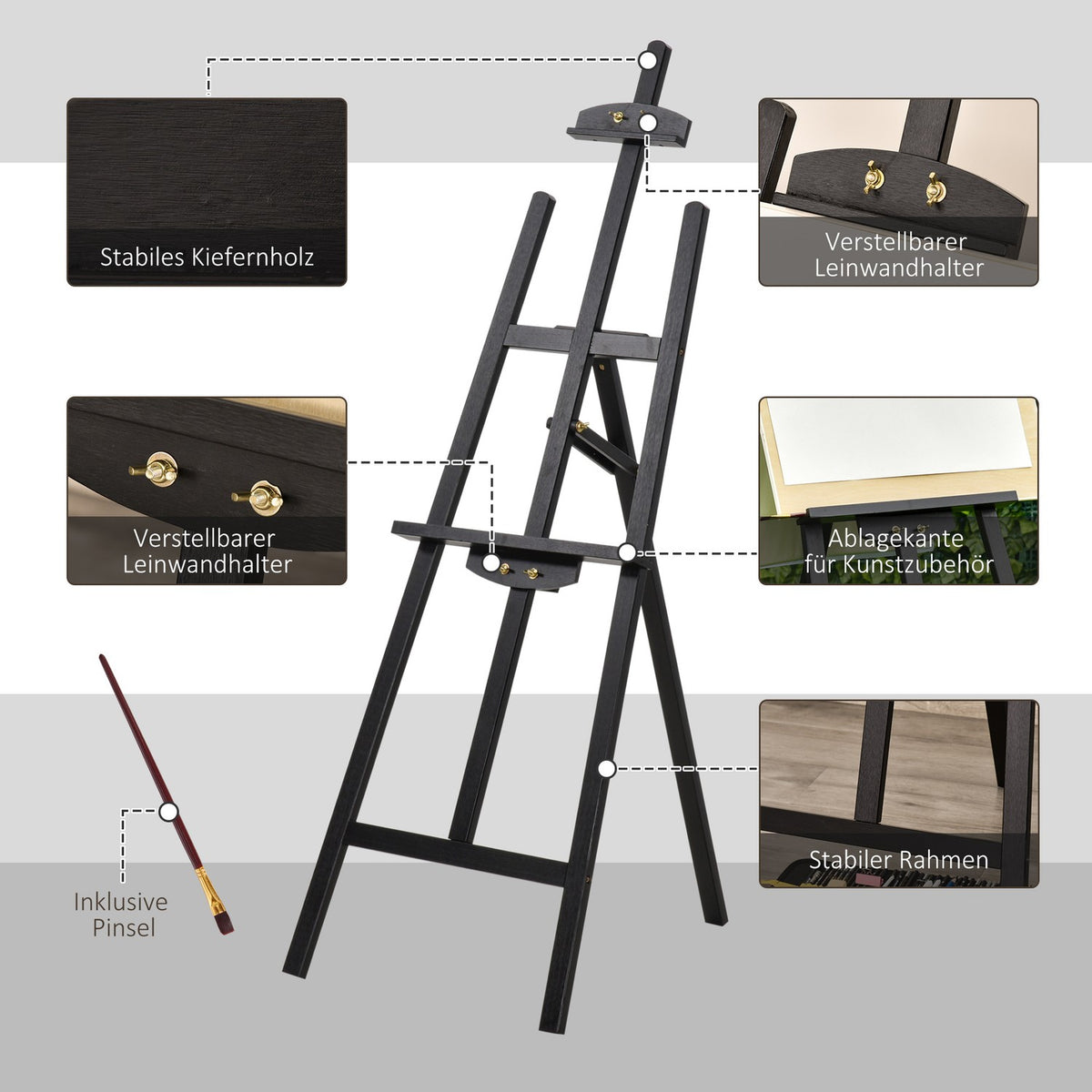 Easel Sitting And Standing Easel Made Of Pine Wood, 90° Adjustable, For Art Painting, Foldable