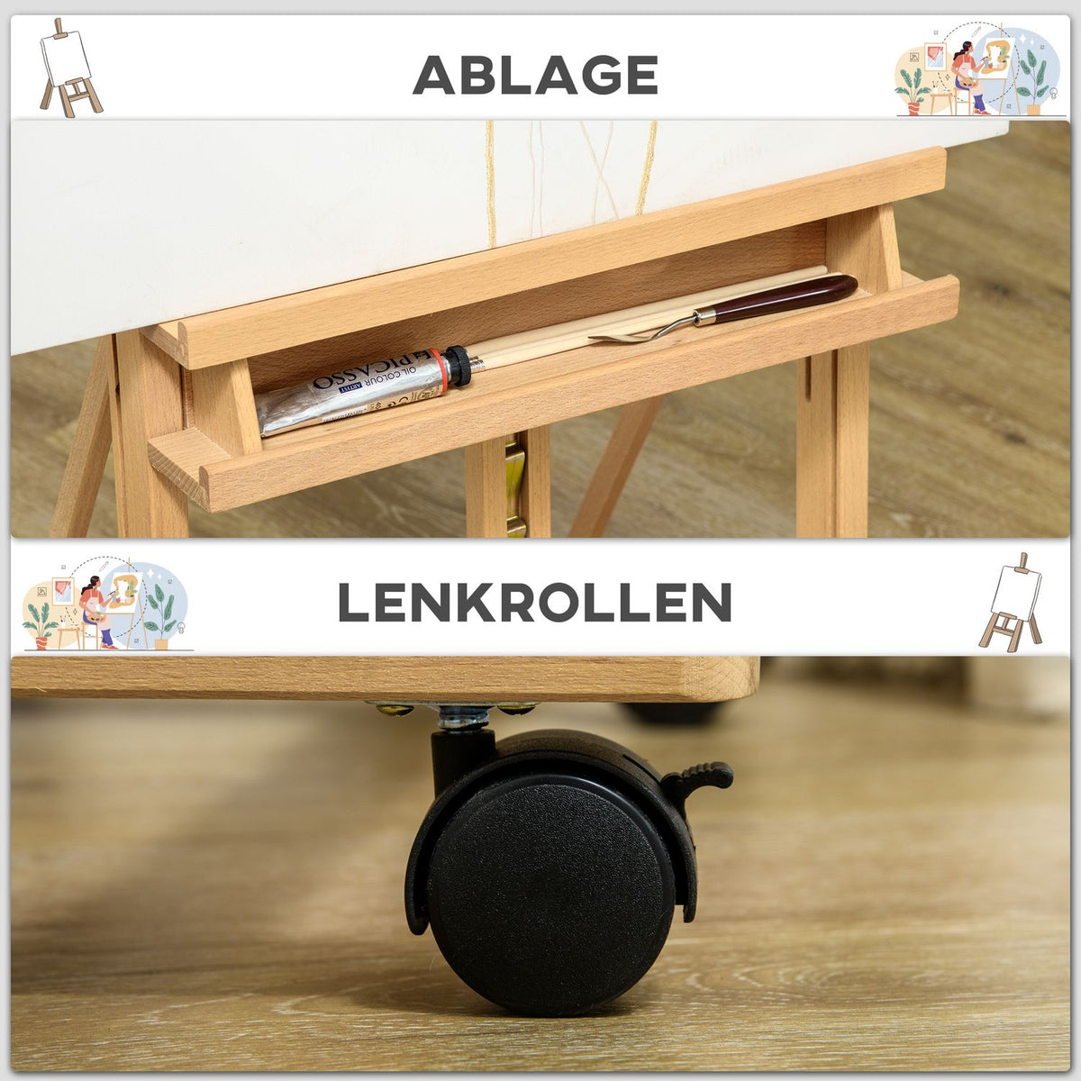 Easel Standing Easel Made Of Beech Wood, Foldable With Wheels, Height-Adjustable Canvas Stand