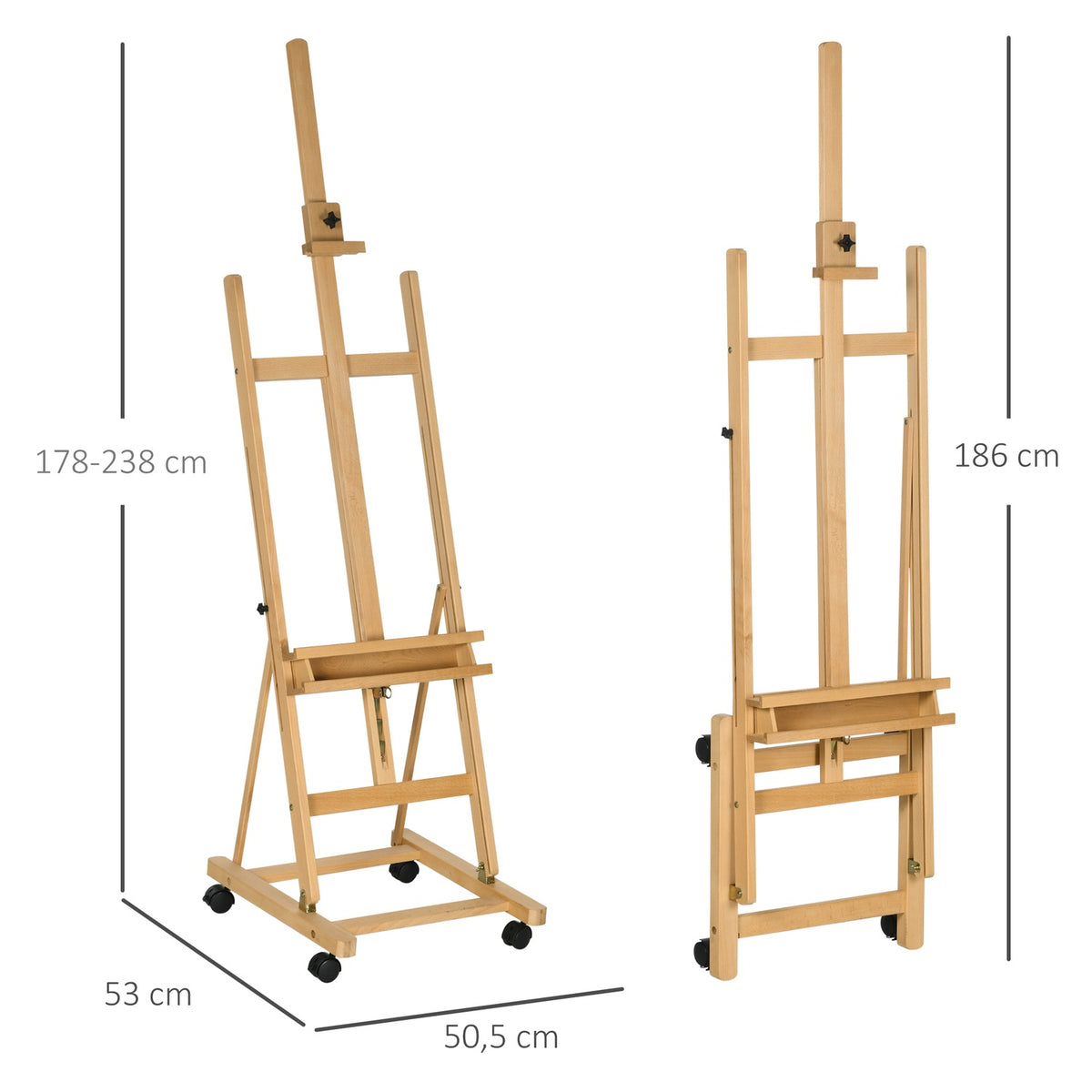 Easel Standing Easel Made Of Beech Wood, Foldable With Wheels, Height-Adjustable Canvas Stand