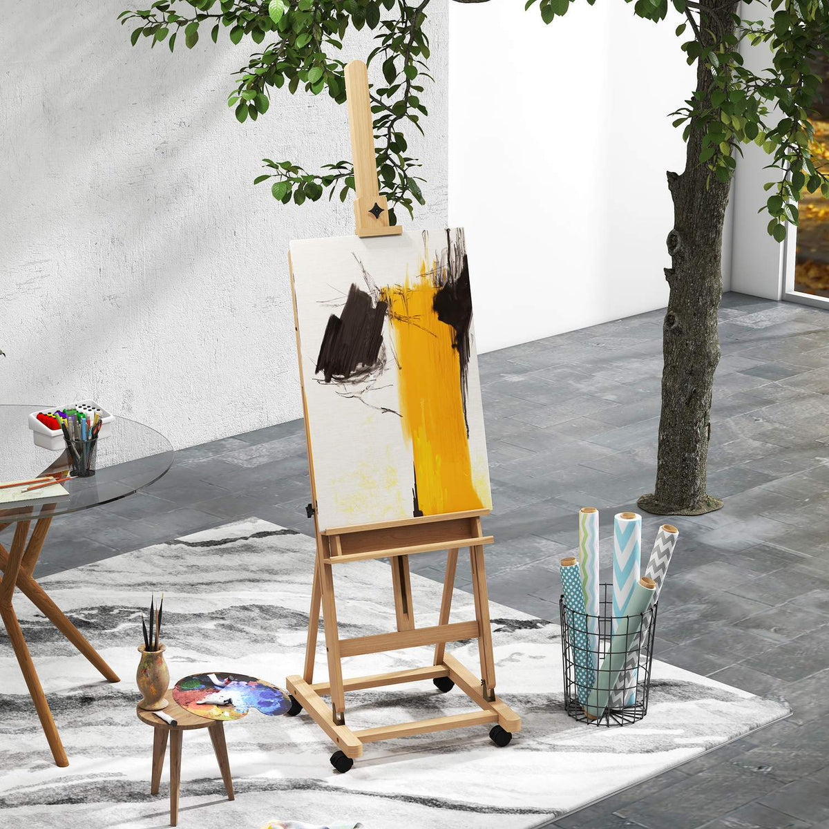 Easel Standing Easel Made Of Beech Wood, Foldable With Wheels, Height-Adjustable Canvas Stand