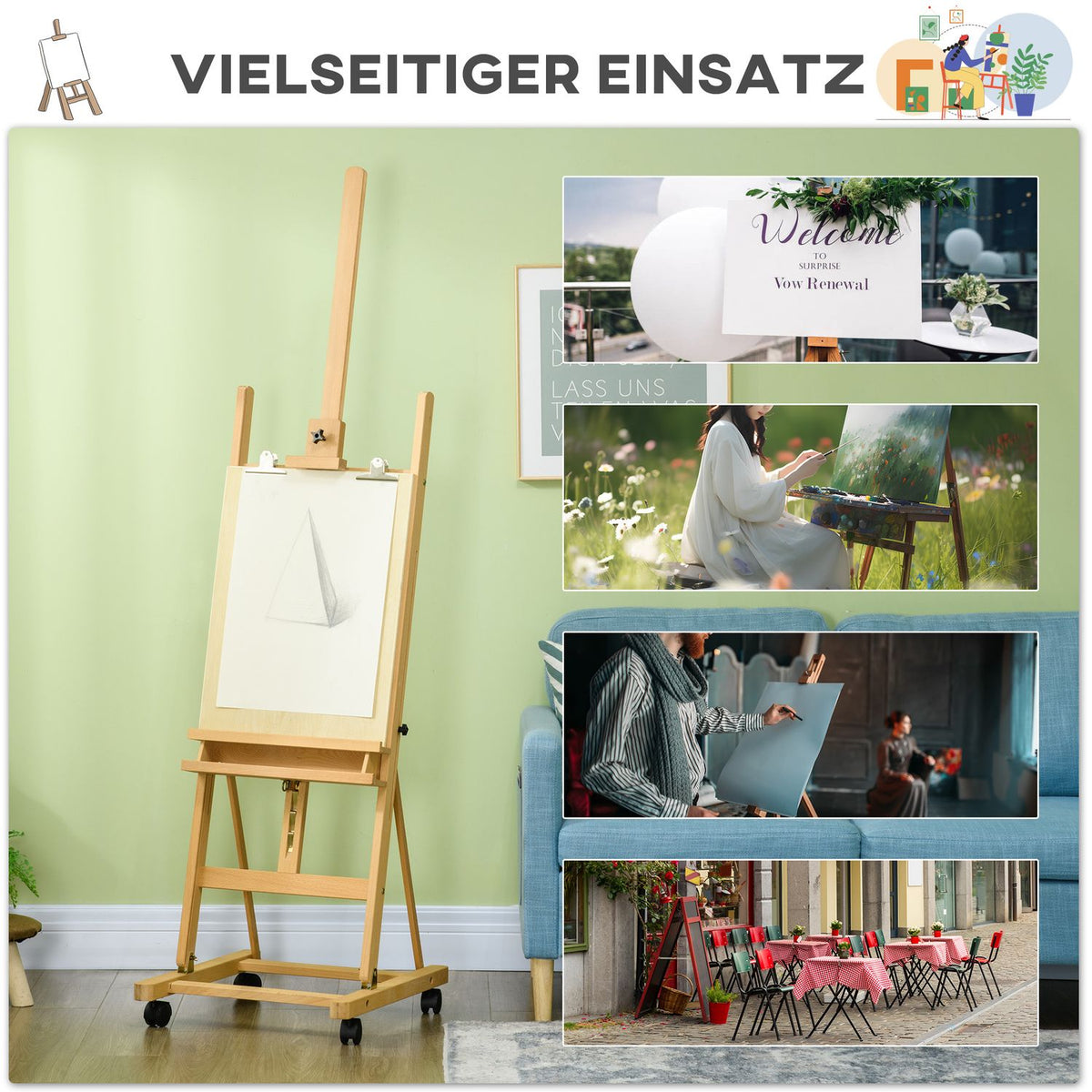Easel Standing Easel Made Of Beech Wood, Foldable With Wheels, Height-Adjustable Canvas Stand