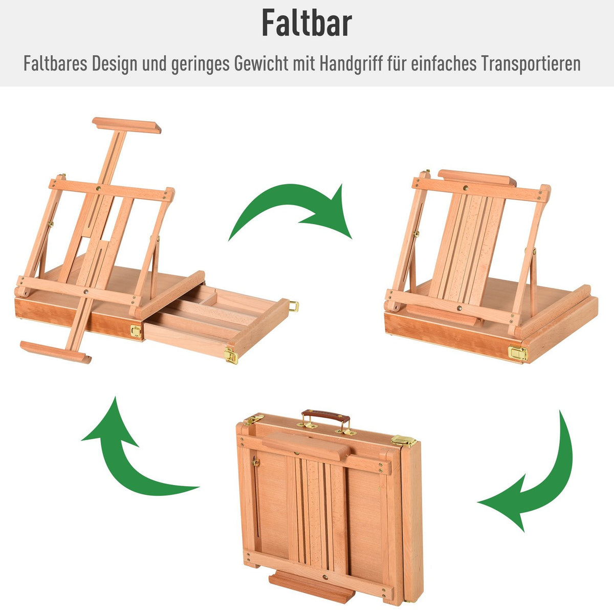 Easel Studio Easel Made Of Beech Wood, Angle Adjustable, Foldable With Drawer, Natural, 42X36X12.5Cm