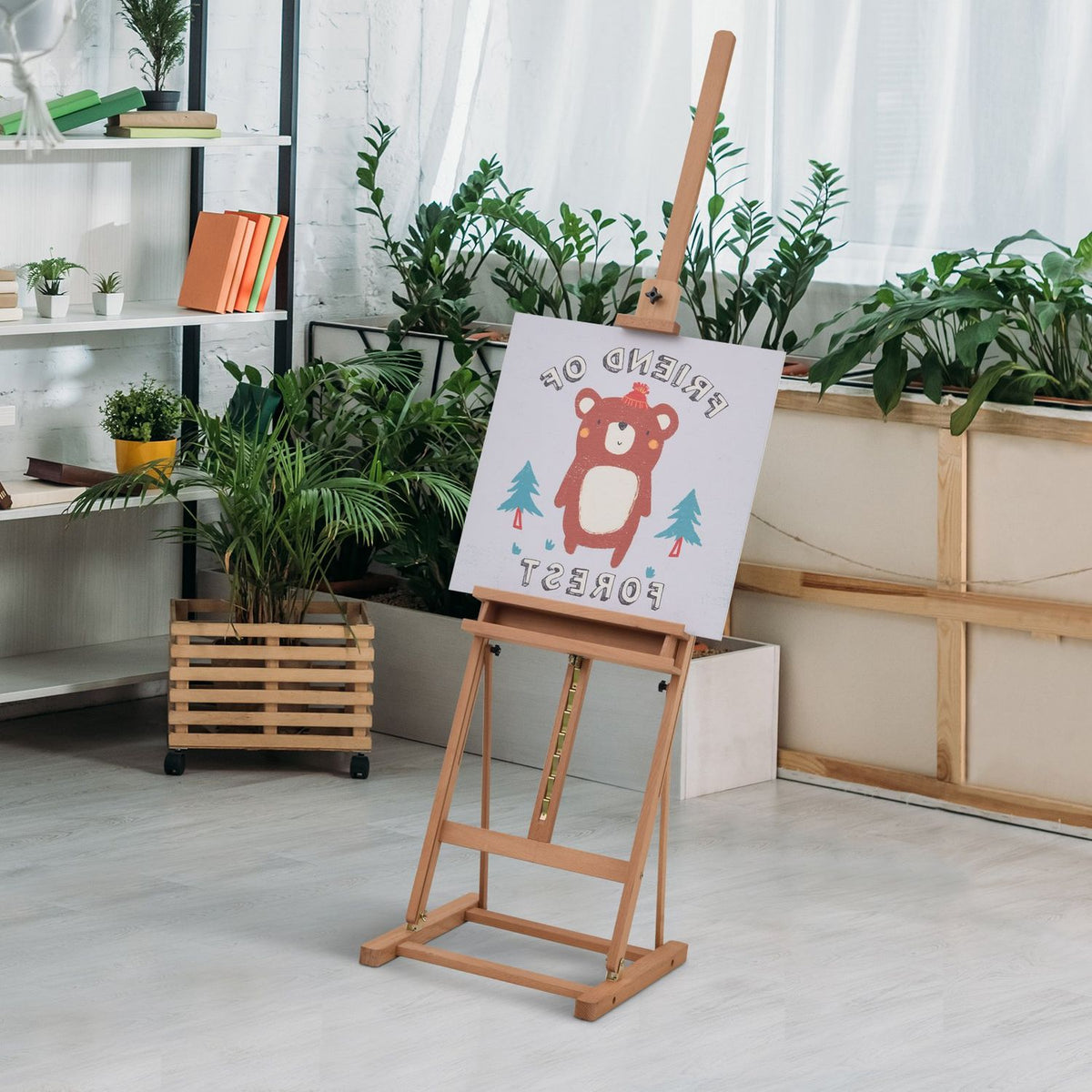 Easel Studio Easel Made Of Beech Wood, Height And Angle Adjustable, With Storage Compartment, Natural, 53X50.5X171-230Cm