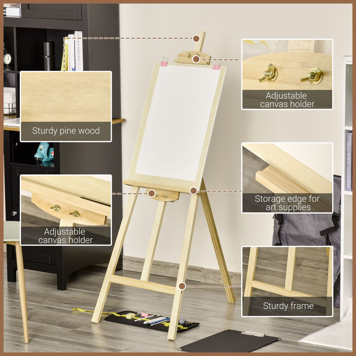 Easel Studio Easel Made Of Pine Wood, 90° Adjustable, Natural, 51.5X71.5X134.5Cm