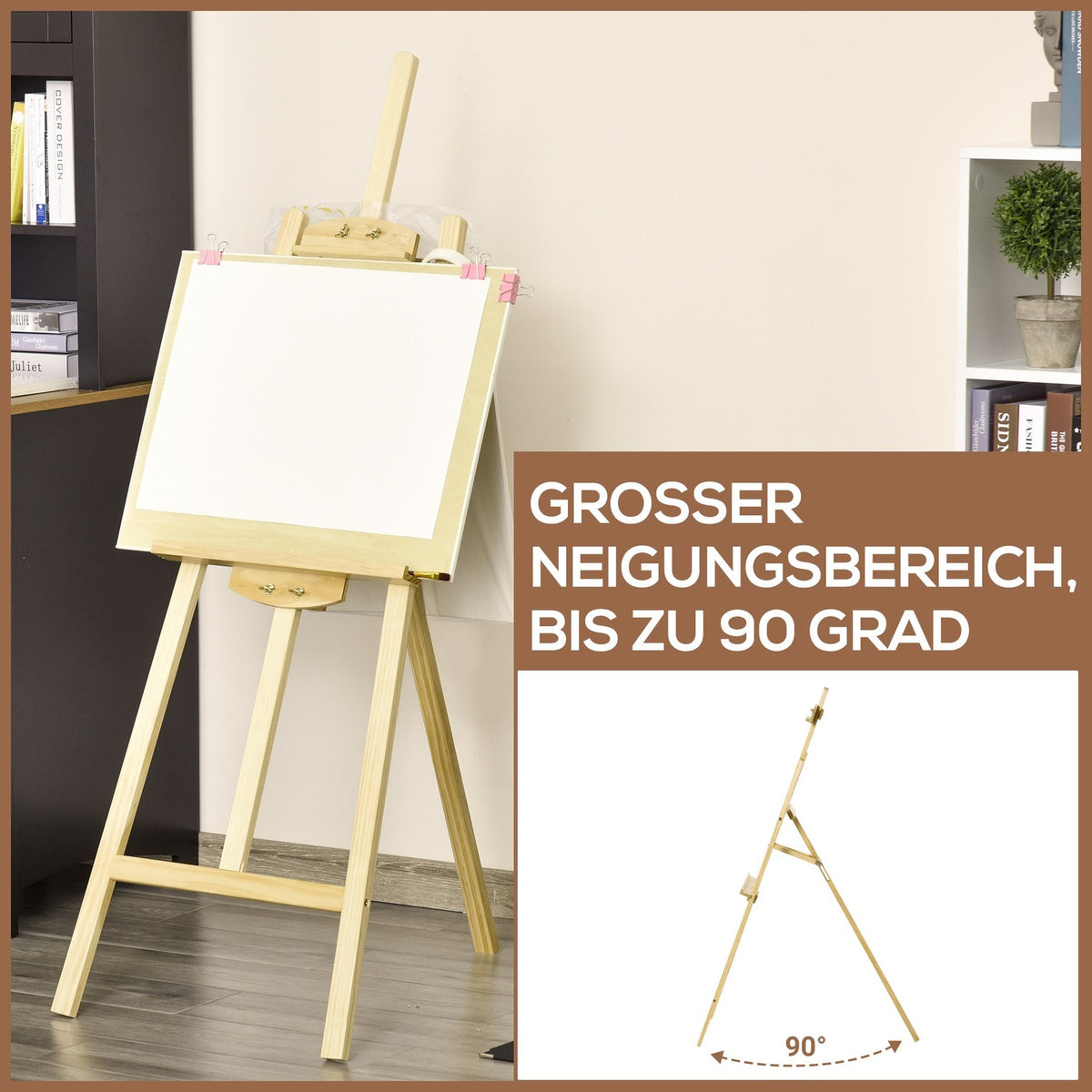 Easel Studio Easel Made Of Pine Wood, 90° Adjustable, Natural, 51.5X71.5X134.5Cm